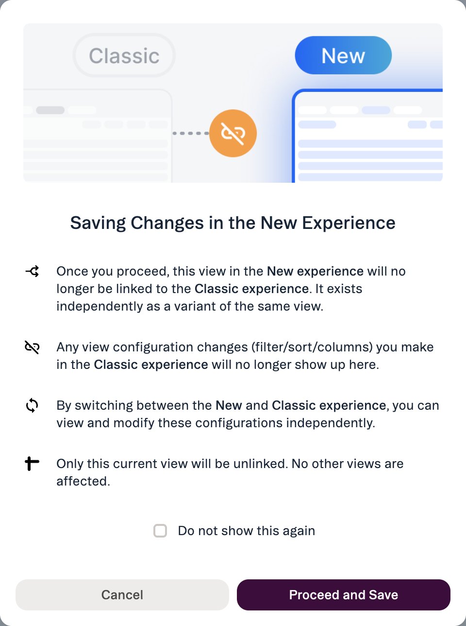 Saving Changes in the New Experience dialog explaining that the view becomes an independent variant, no longer linked to Classic