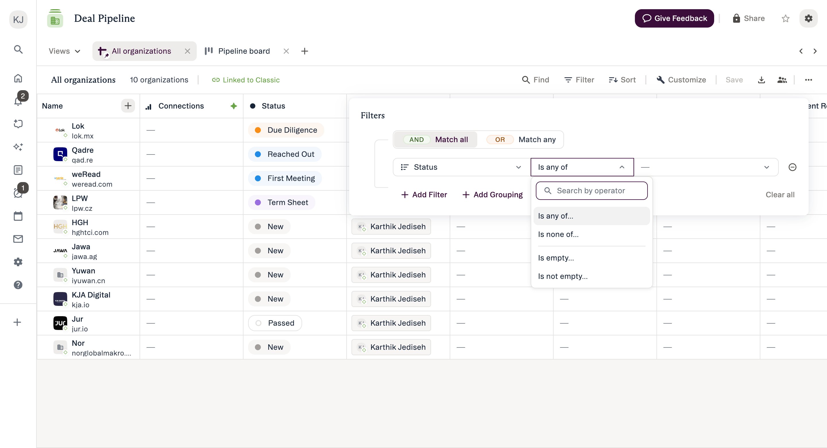 The Filters panel with an AND/OR toggle, a Status condition, and the operator list open showing Is any of, Is none of, Is empty and Is not empty