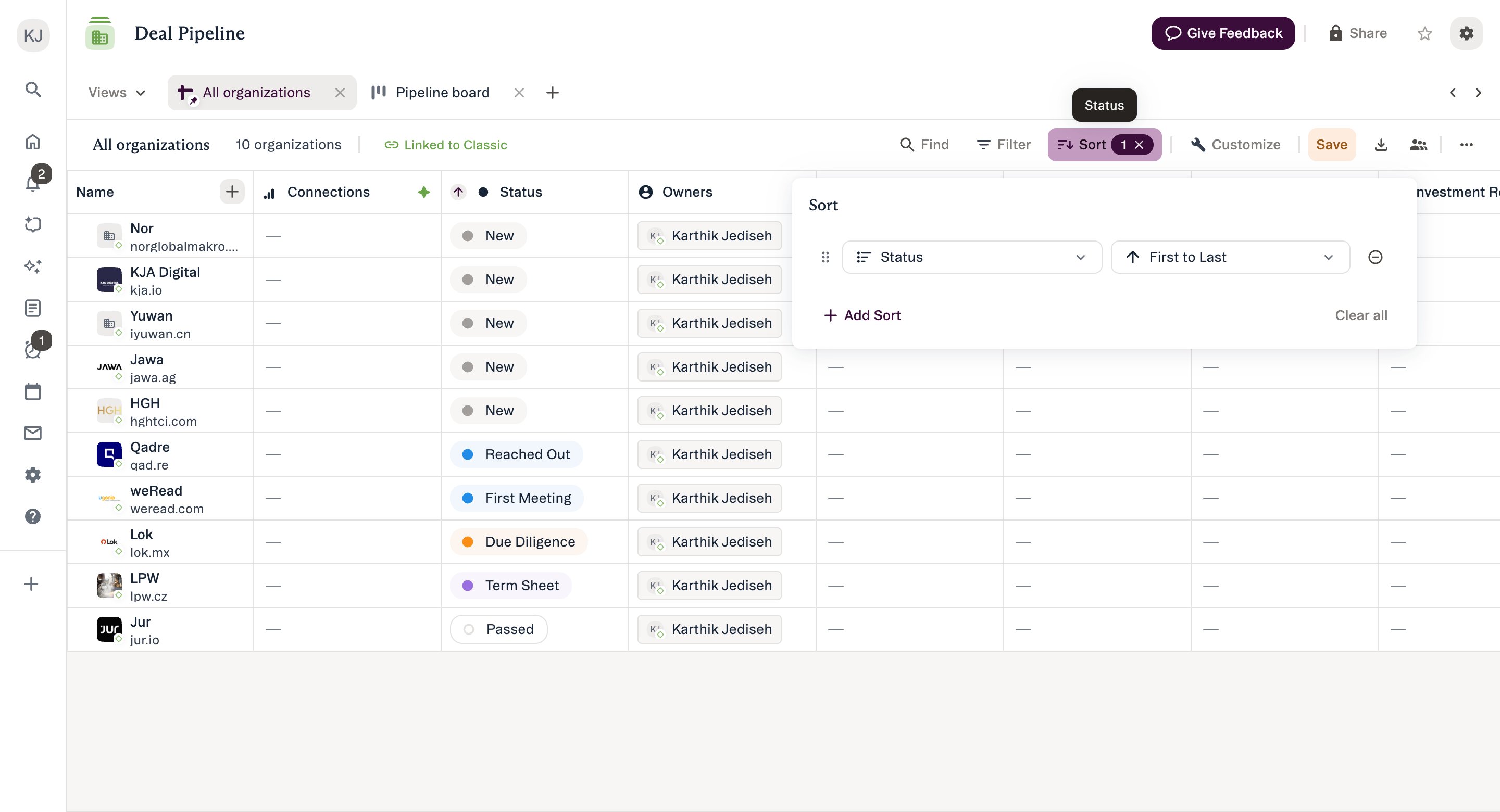 The Sort panel with a Status sort set to First to Last, a drag handle for reordering, and Add Sort
