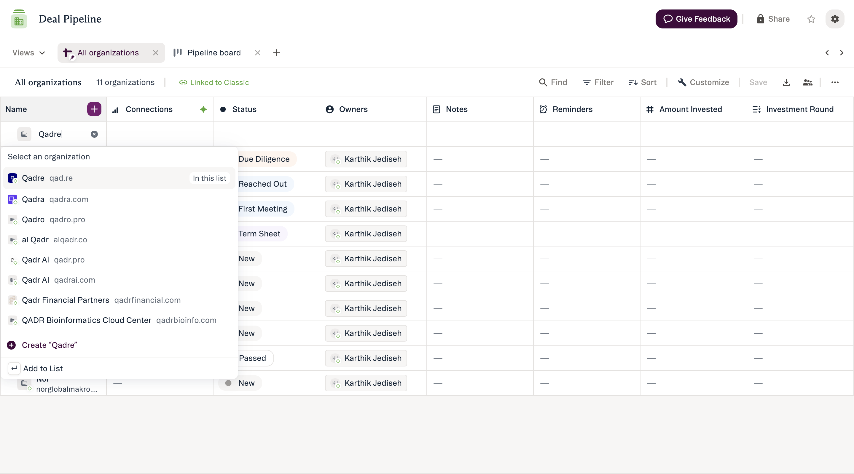 Search results when adding an entry, showing an entity already on the list tagged In this list, and the Create option at the foot of the list