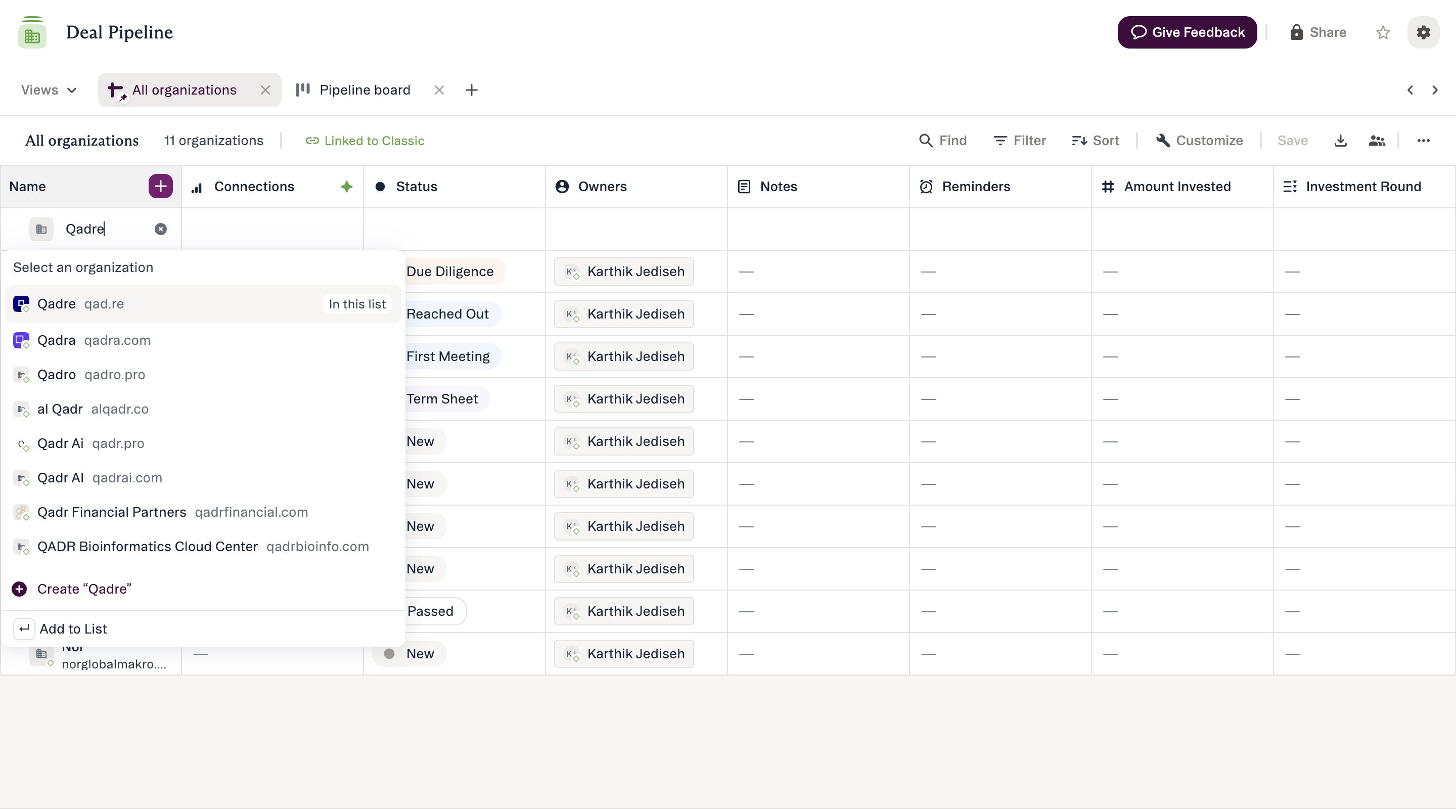 Search results when adding an entry, showing an entity already on the list tagged In this list, and the Create option at the foot of the list