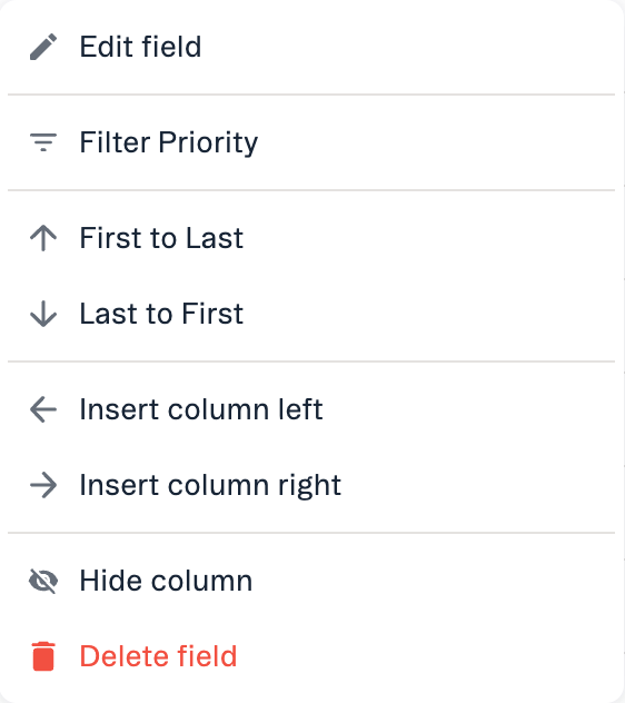 The column header menu in New Lists, including Insert column left and Insert column right