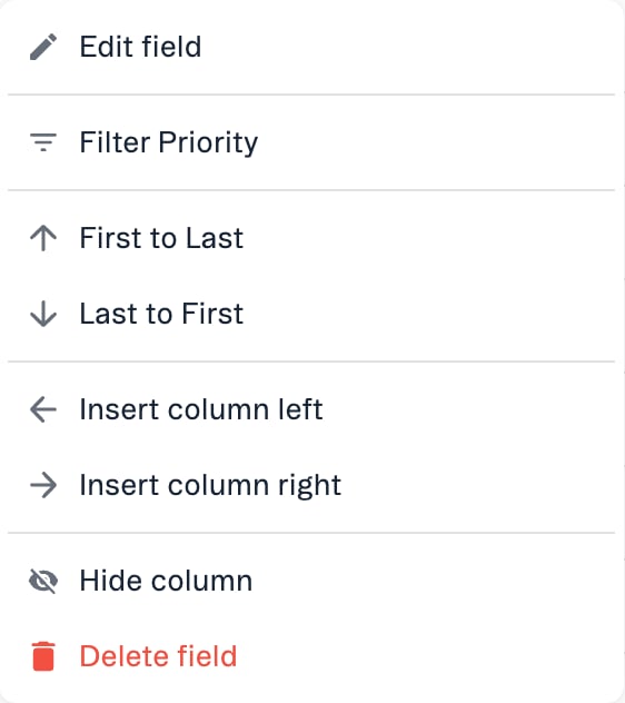 The column header menu in New Lists, including Insert column left and Insert column right