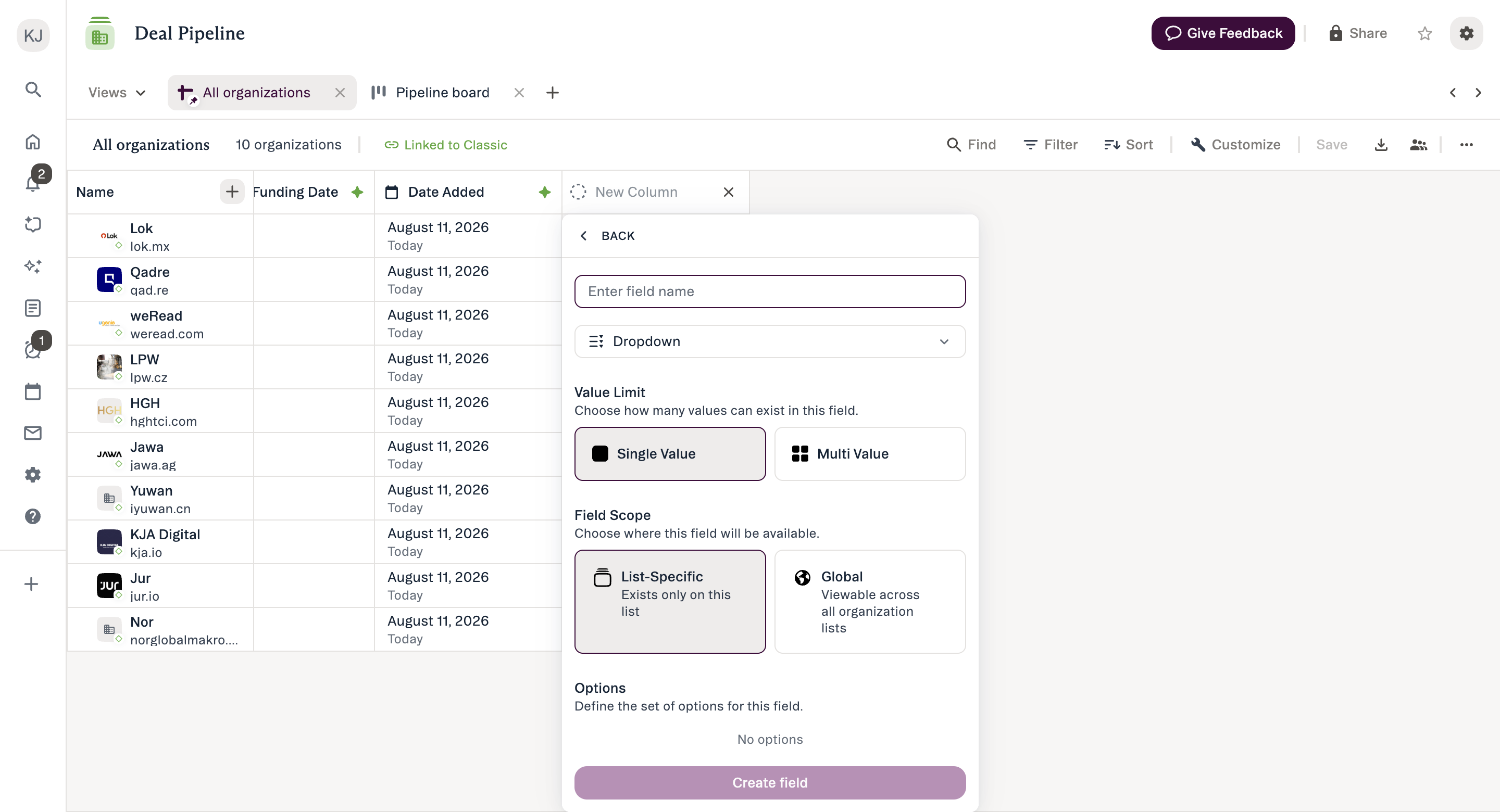 Naming a field and choosing its scope and value type in one form