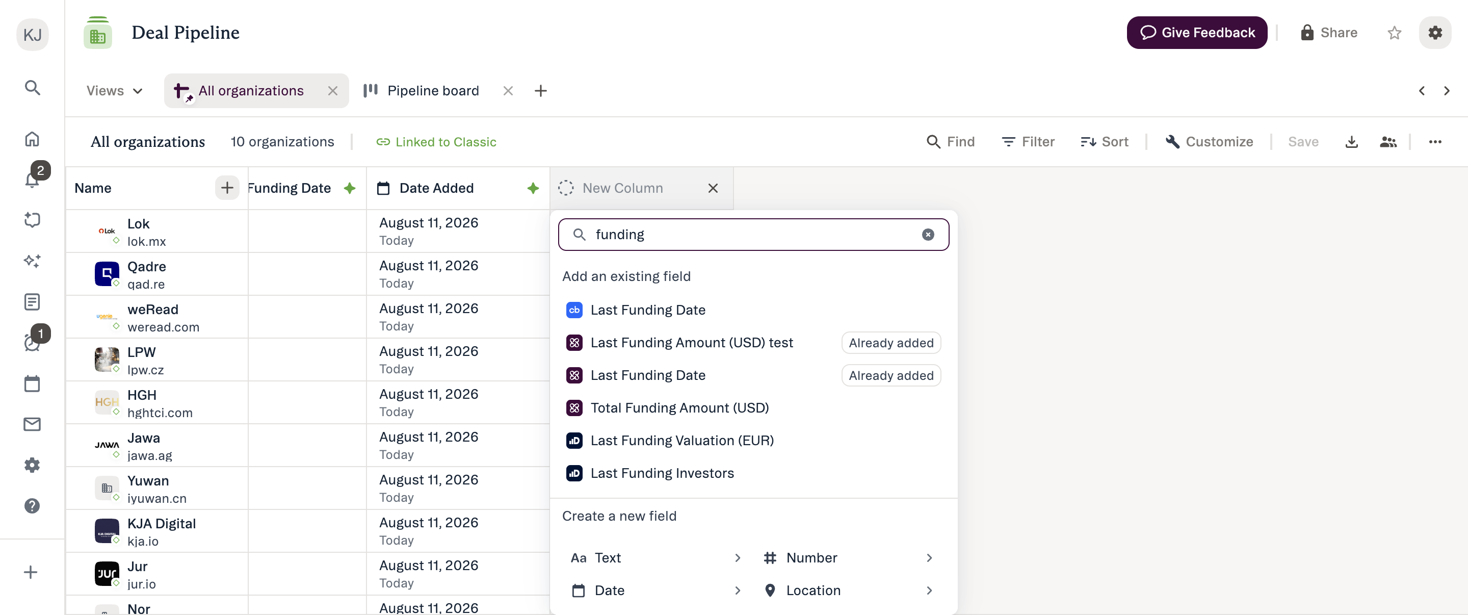 The field creation panel in New Lists with the search box focused