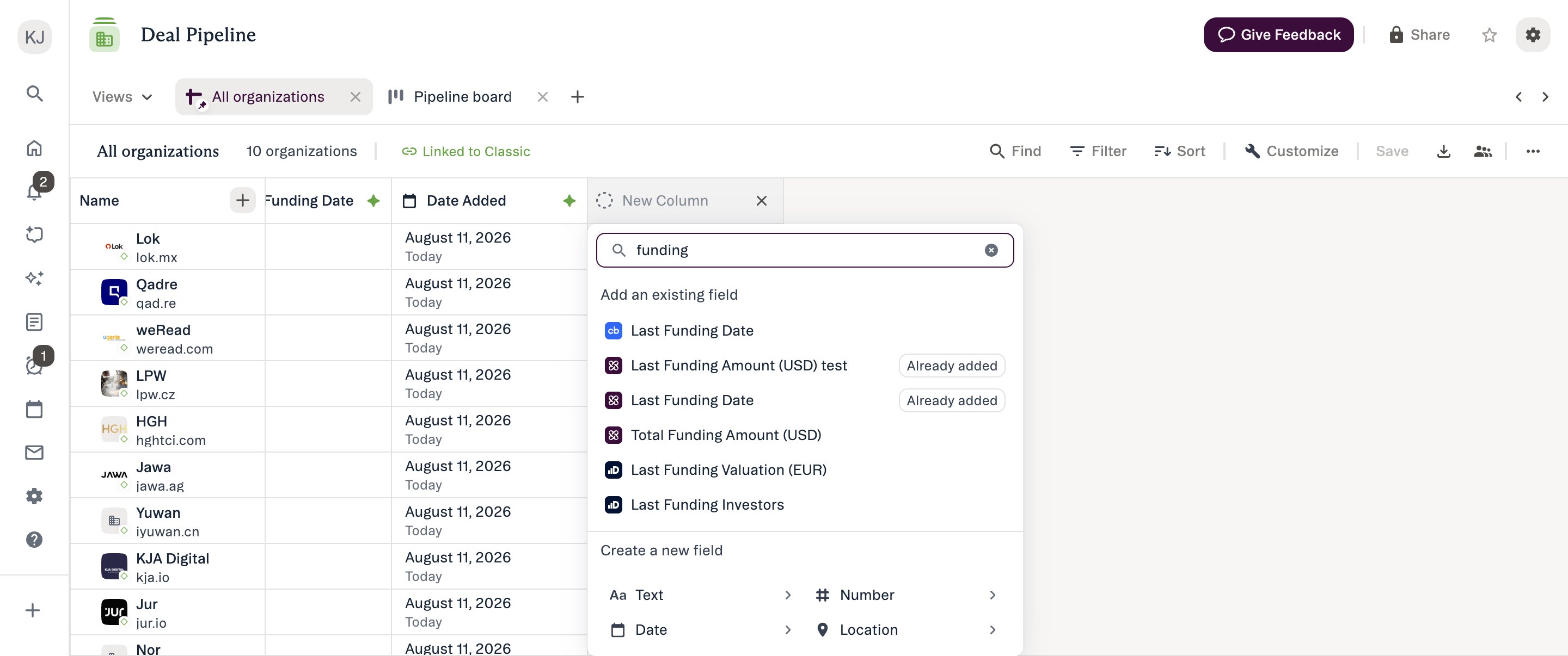 The field creation panel in New Lists with the search box focused