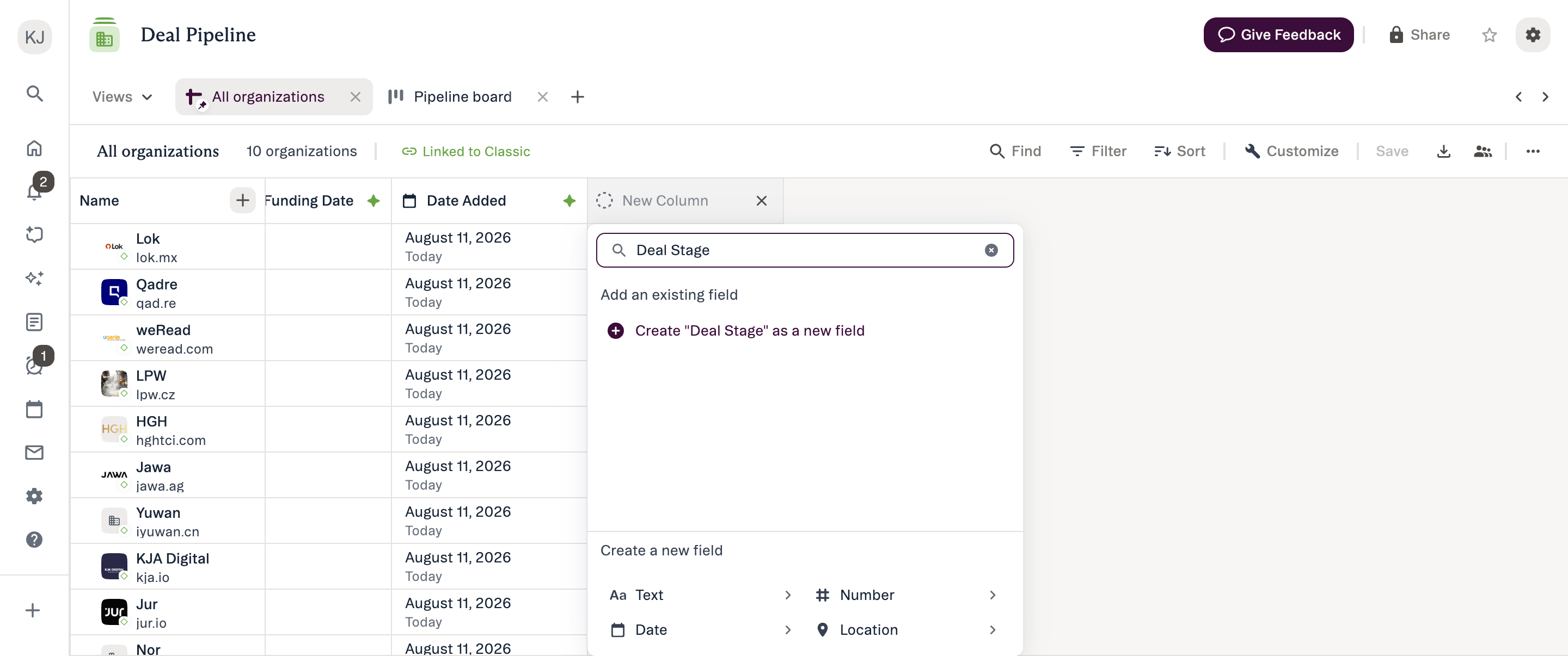 Choosing a field type when creating a column in New Lists
