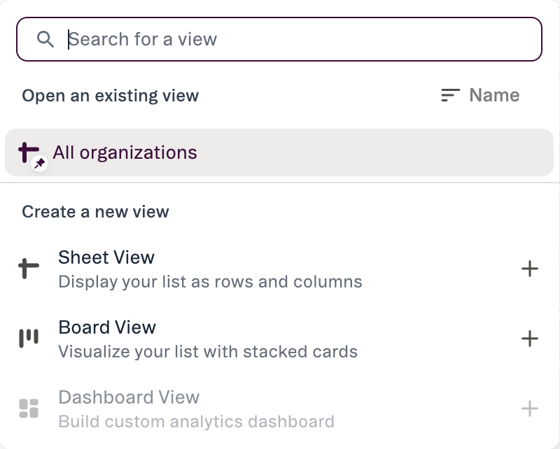Add view dialog offering an existing view, or creating a new Sheet, Board or Dashboard view