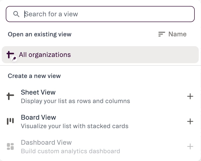 Add view dialog offering an existing view, or creating a new Sheet, Board or Dashboard view