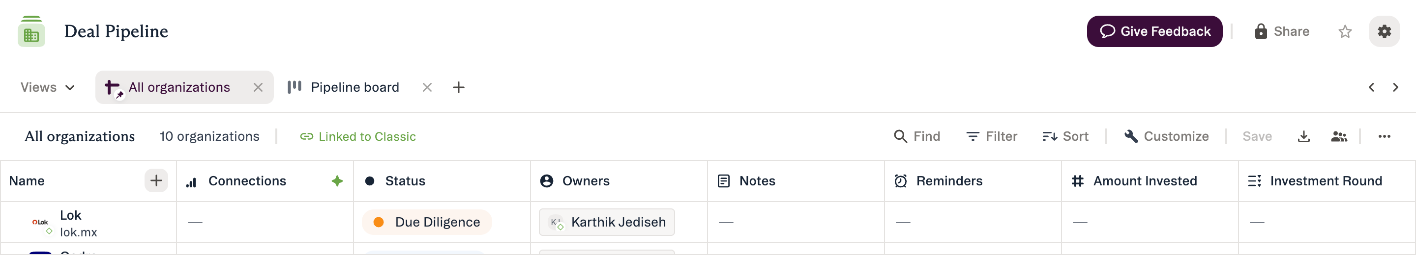 The view tab bar showing two saved views and the button to add another