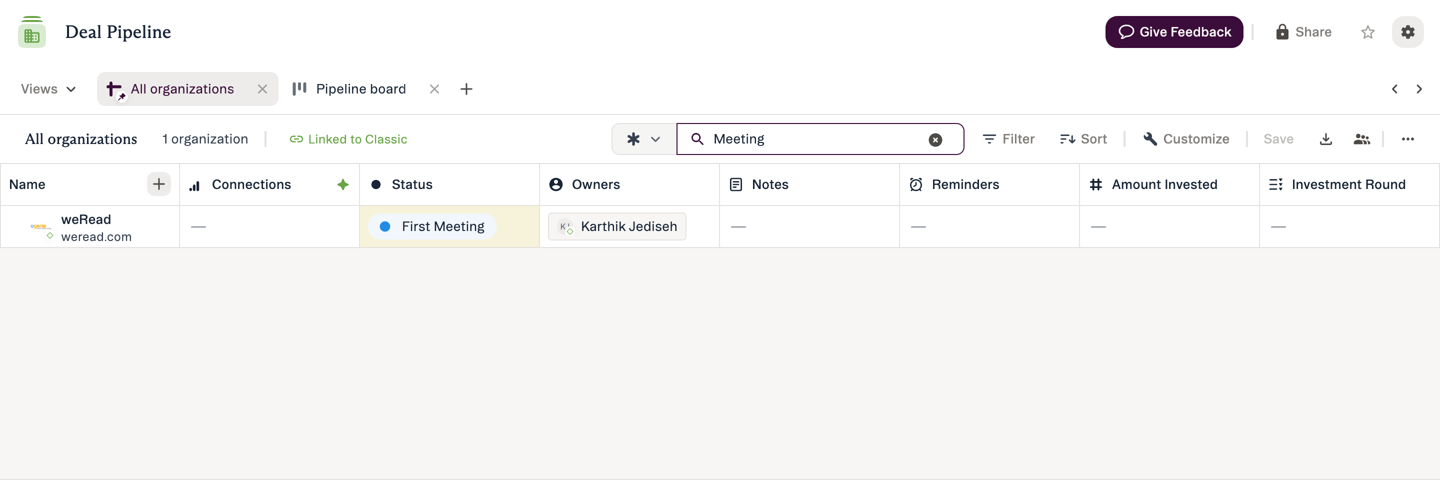 A search term applied, filtering the list down to matching rows and updating the entry count