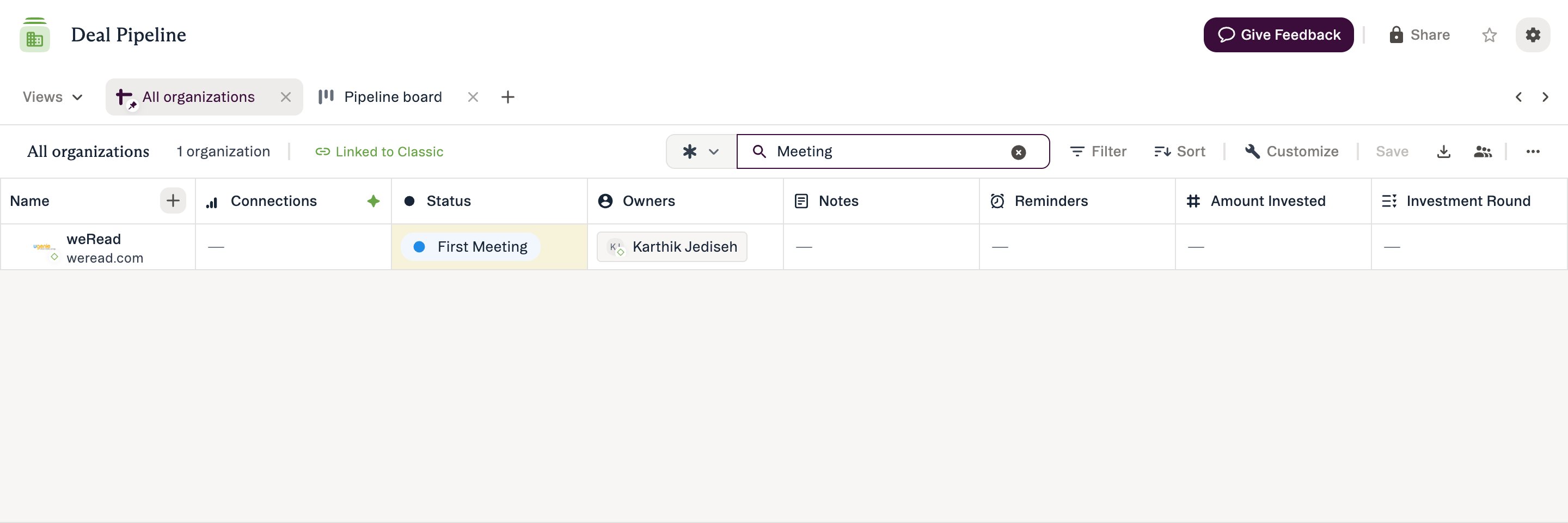 A search term applied, filtering the list down to matching rows and updating the entry count