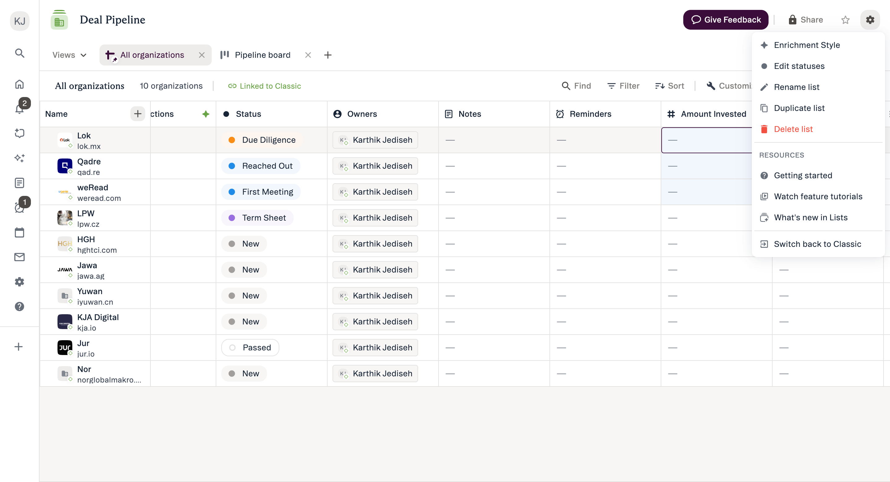 List Options open on a New Lists list, with Switch back to Classic at the foot of the menu