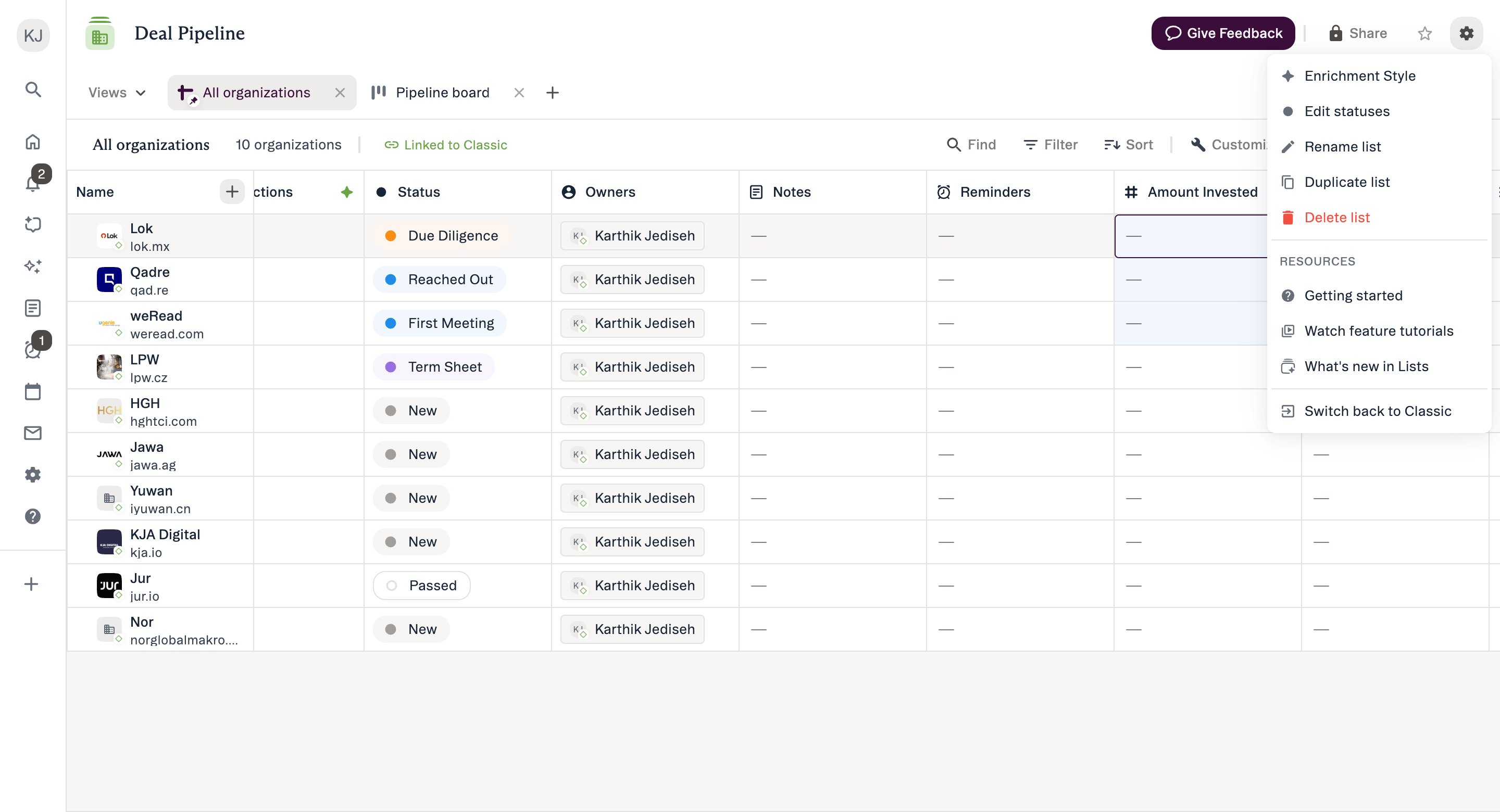 List Options open on a New Lists list, with Switch back to Classic at the foot of the menu