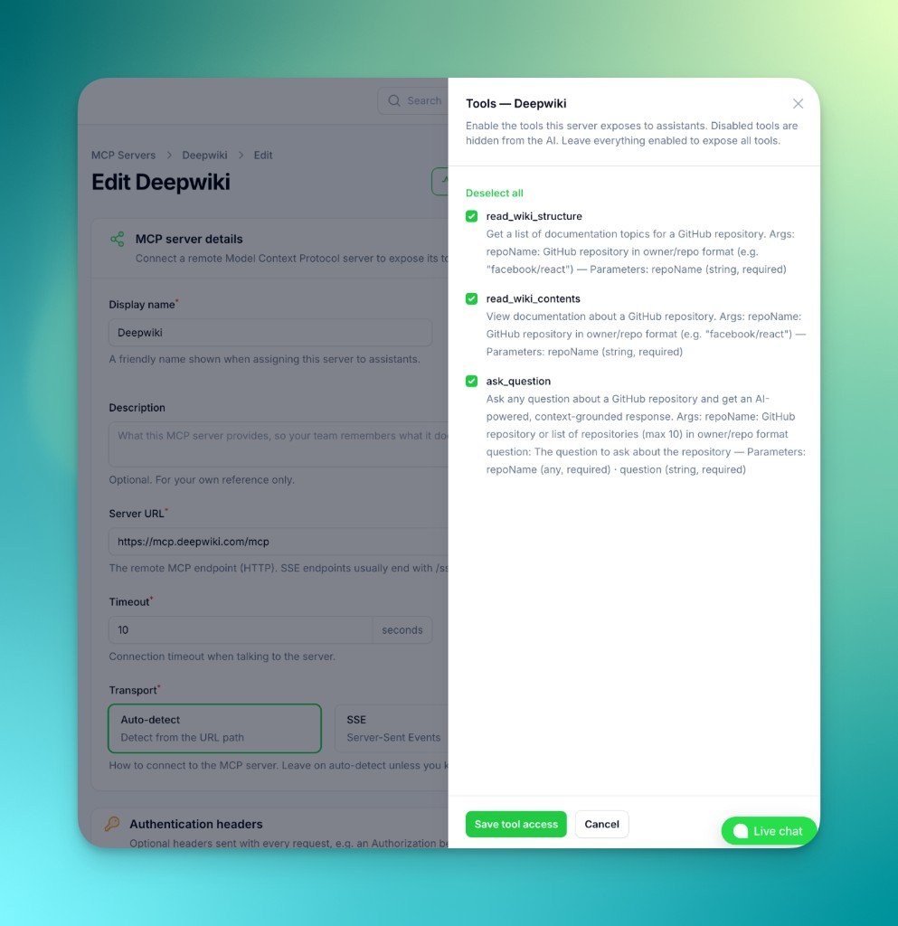 Manage tools panel showing tool descriptions, parameters and enable/disable toggles
