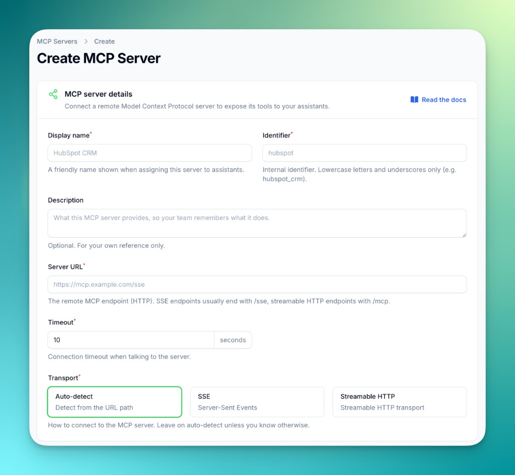 MCP server configuration form