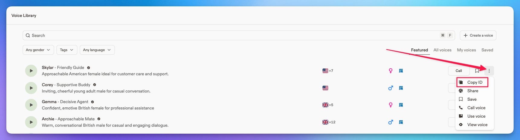 Copy ID in the Cartesia Voice Library