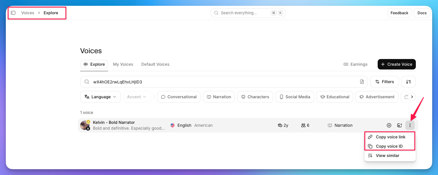 Copy voice link in the ElevenLabs Voice Library
