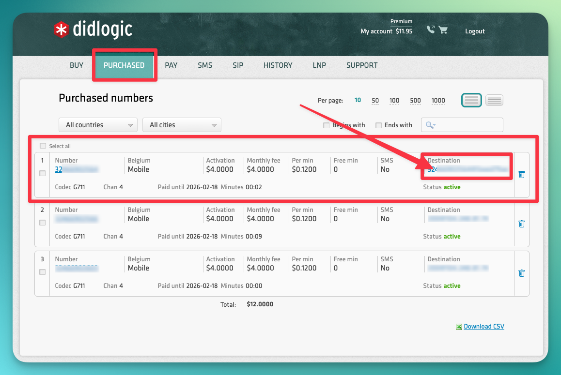 DIDLogic Purchased numbers list