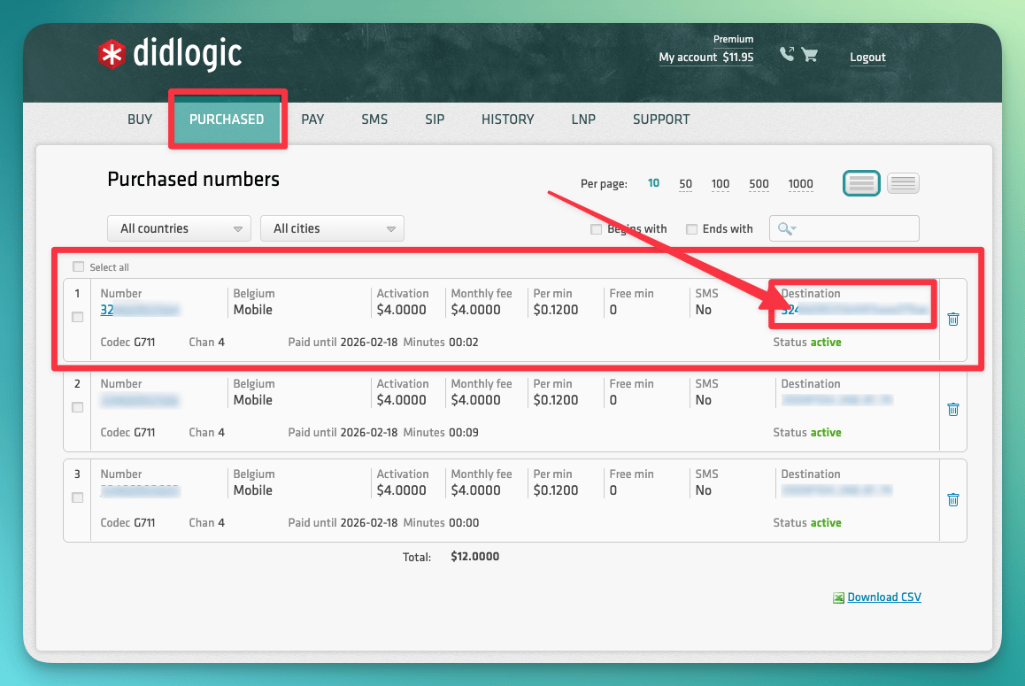 DIDLogic Purchased numbers list