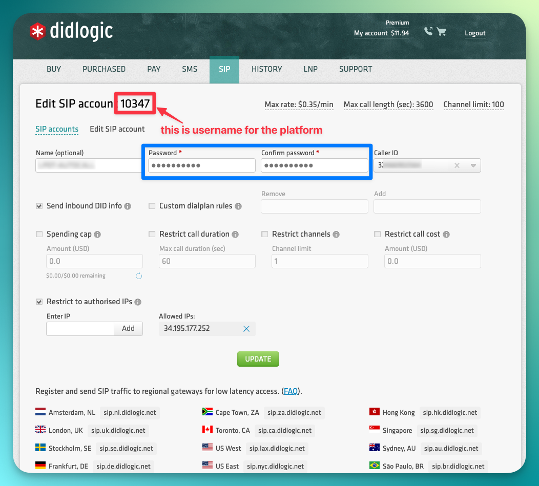 DIDLogic SIP password fields