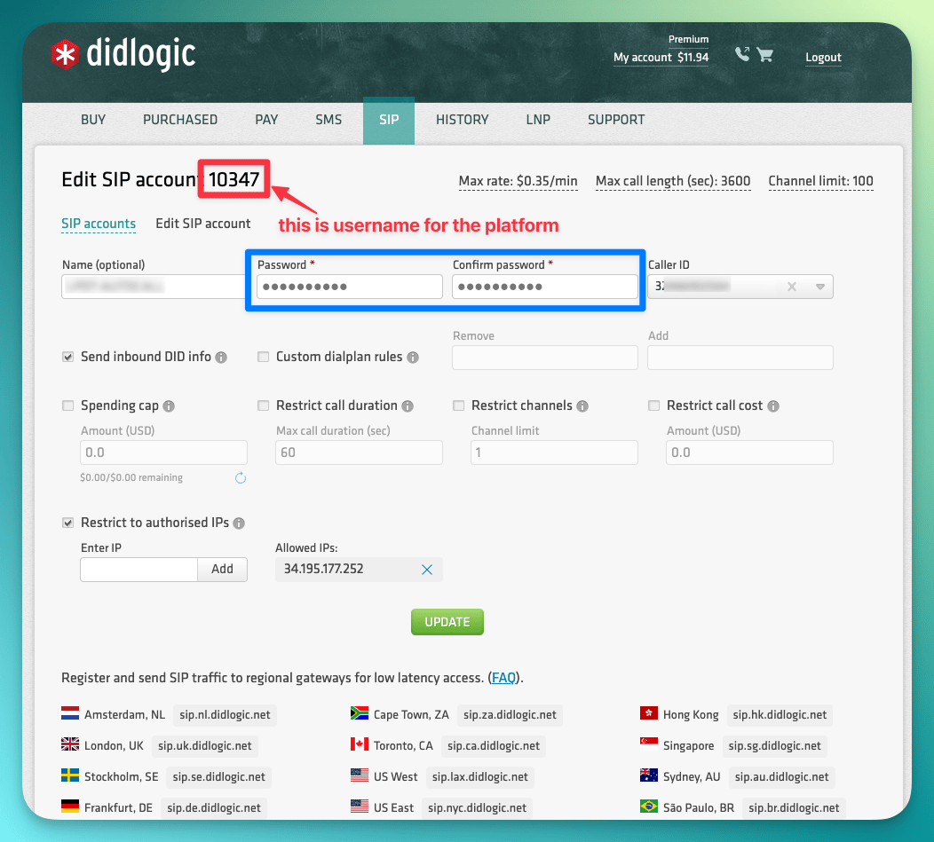 DIDLogic SIP password fields