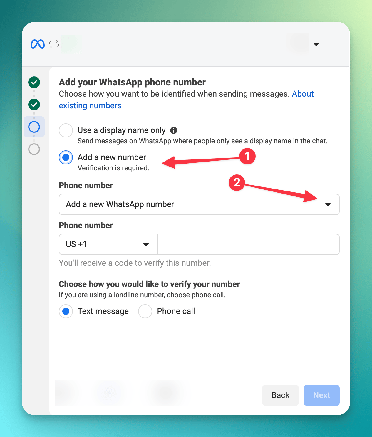 Click Add New Number in Meta signup
