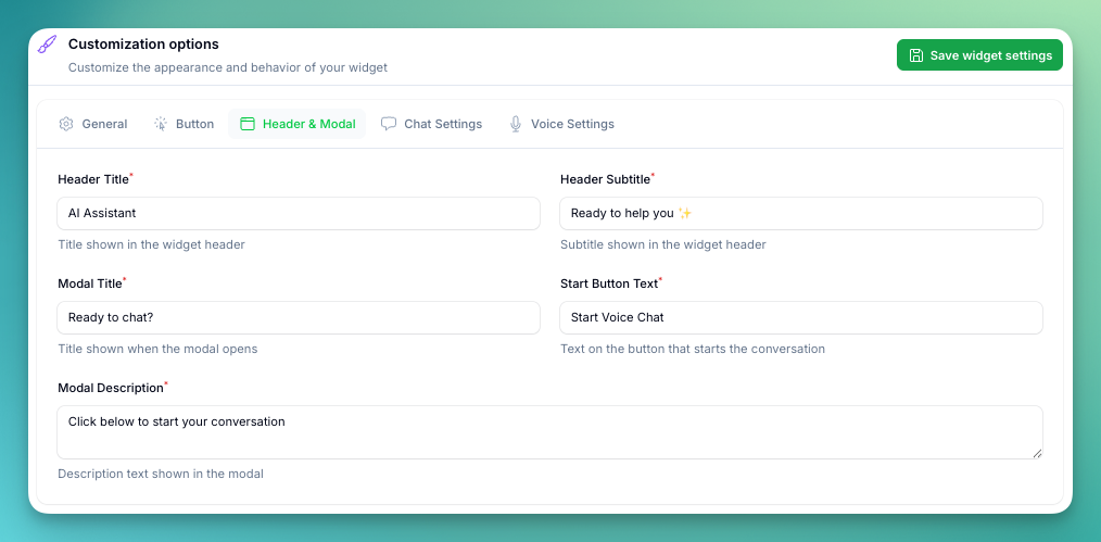 Widget Header & Modal Tab