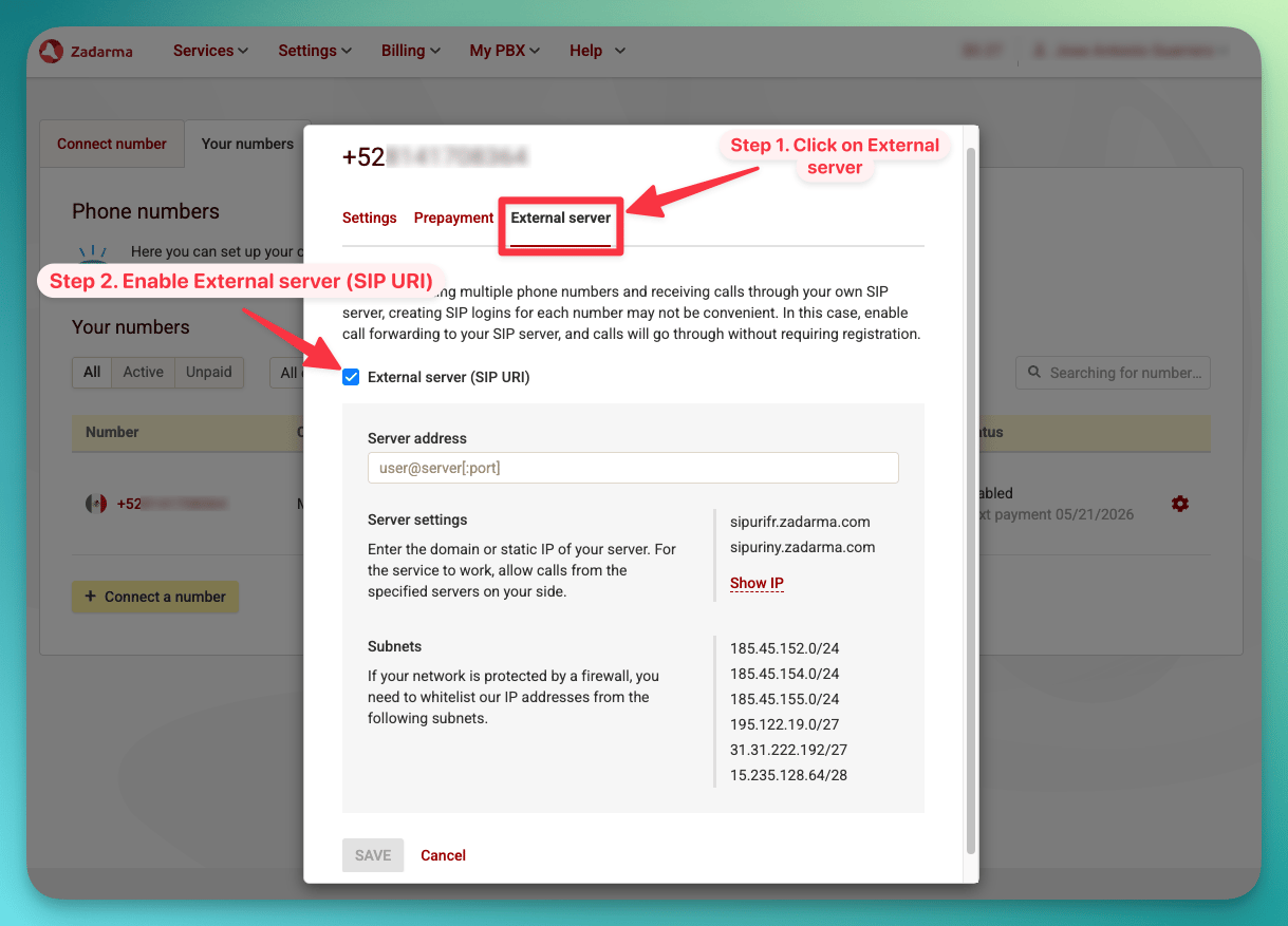 Zadarma PBX External Server SIP URI configuration