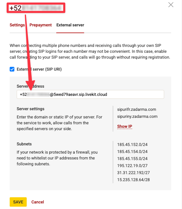 Zadarma PBX Server Address configuration