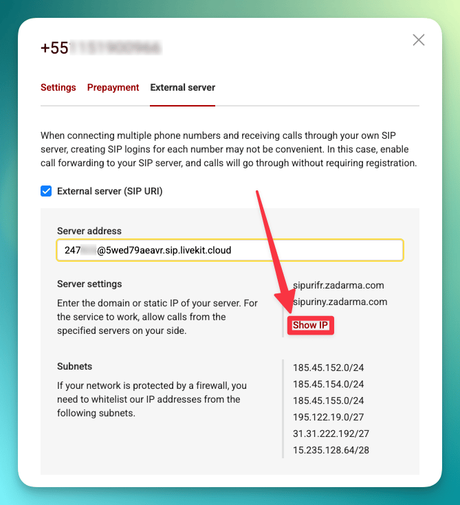 Zadarma SIP Show IP button