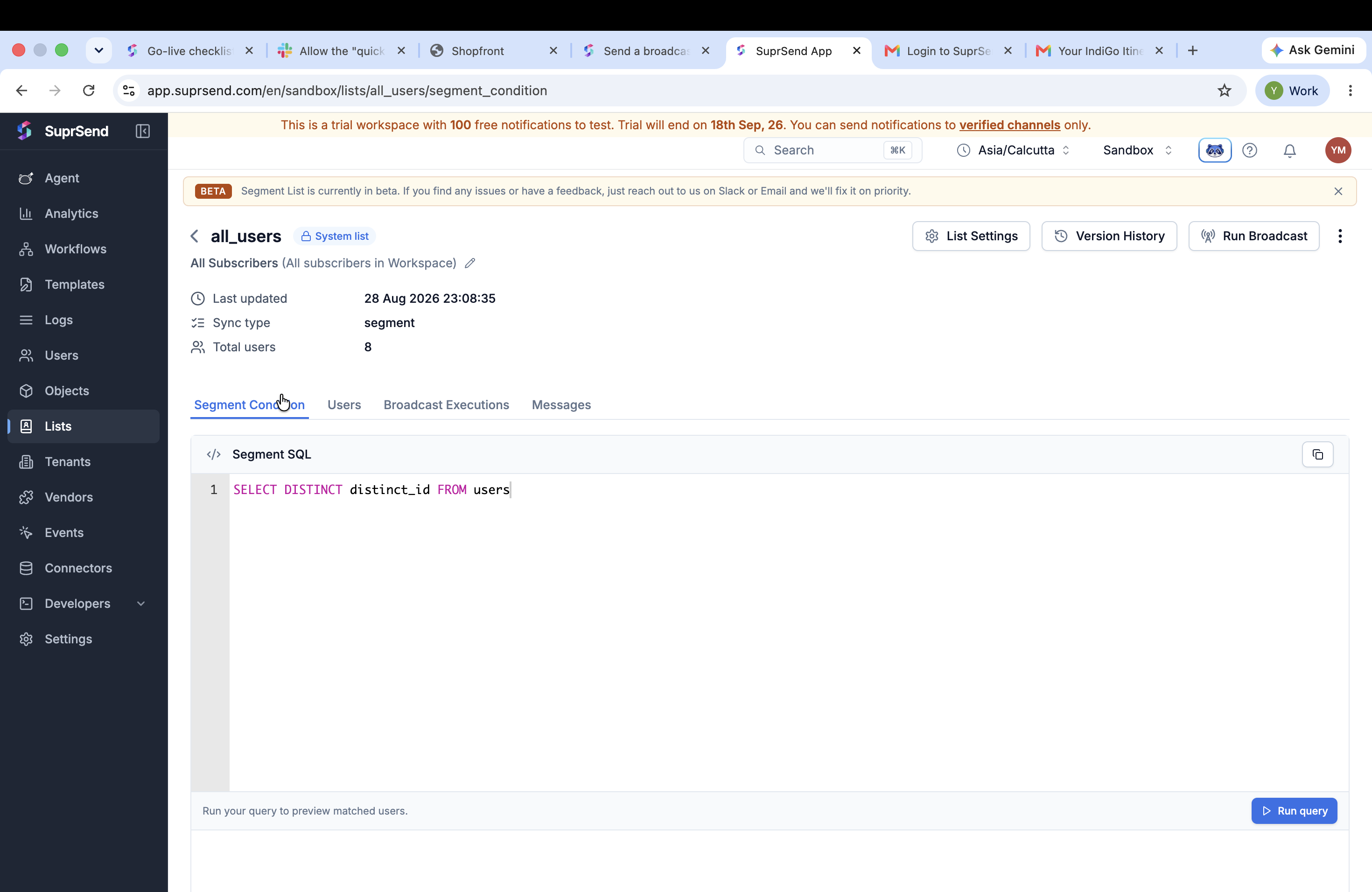 A list's detail page with the Run Broadcast button in the top right