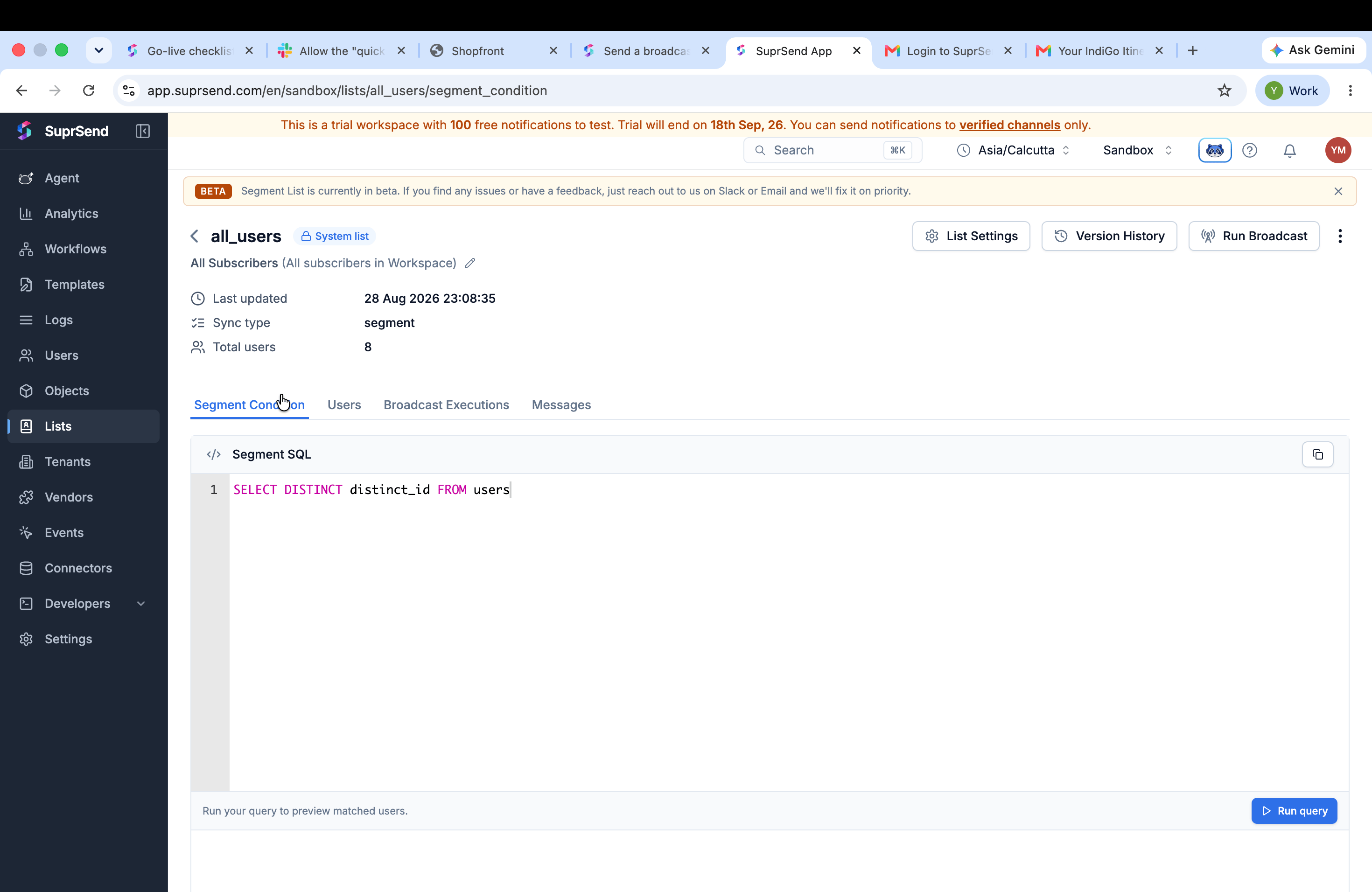 A list's detail page with the Run Broadcast button in the top right