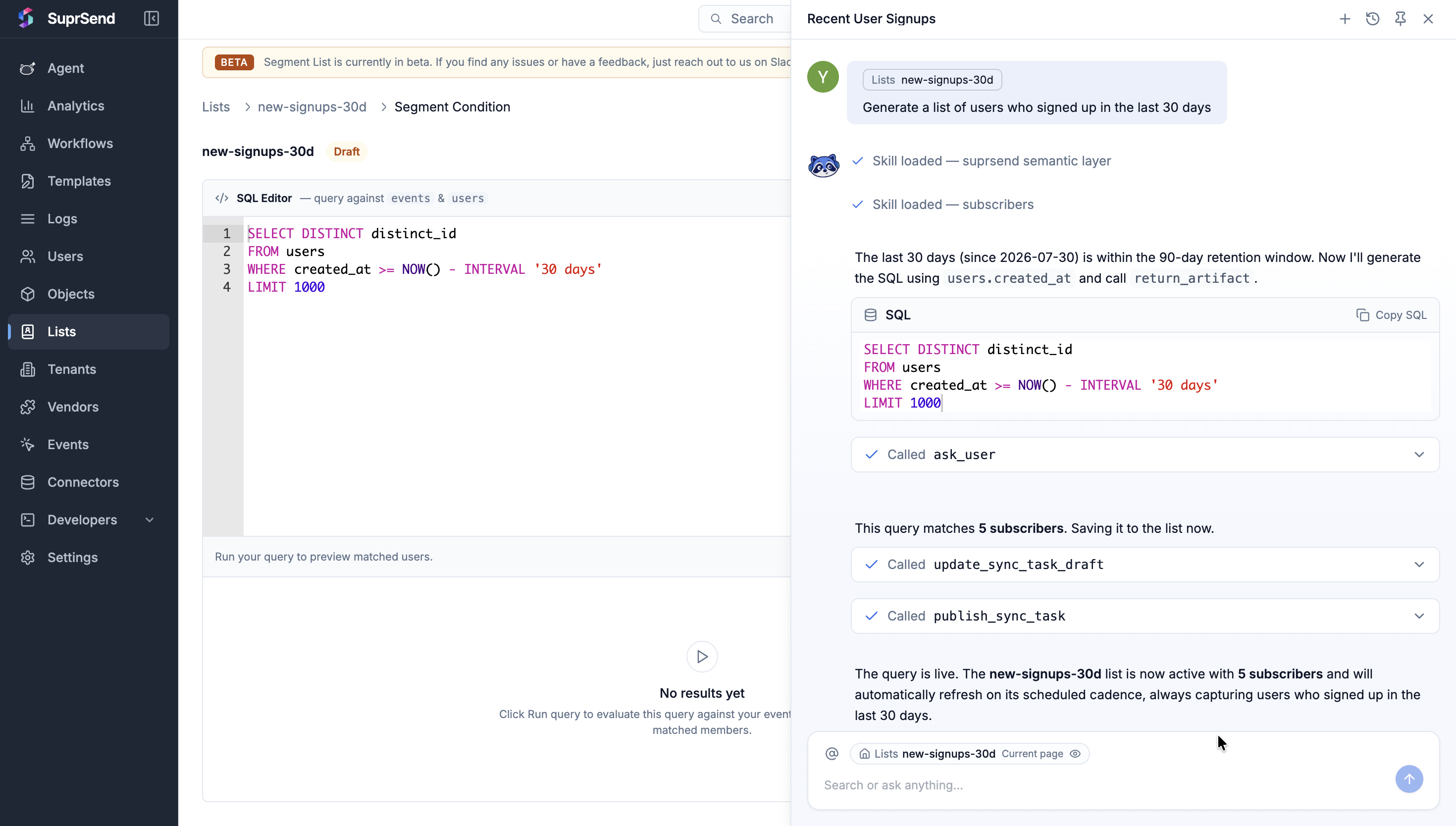 Generate with AI showing a plain-English description and the query it produced
