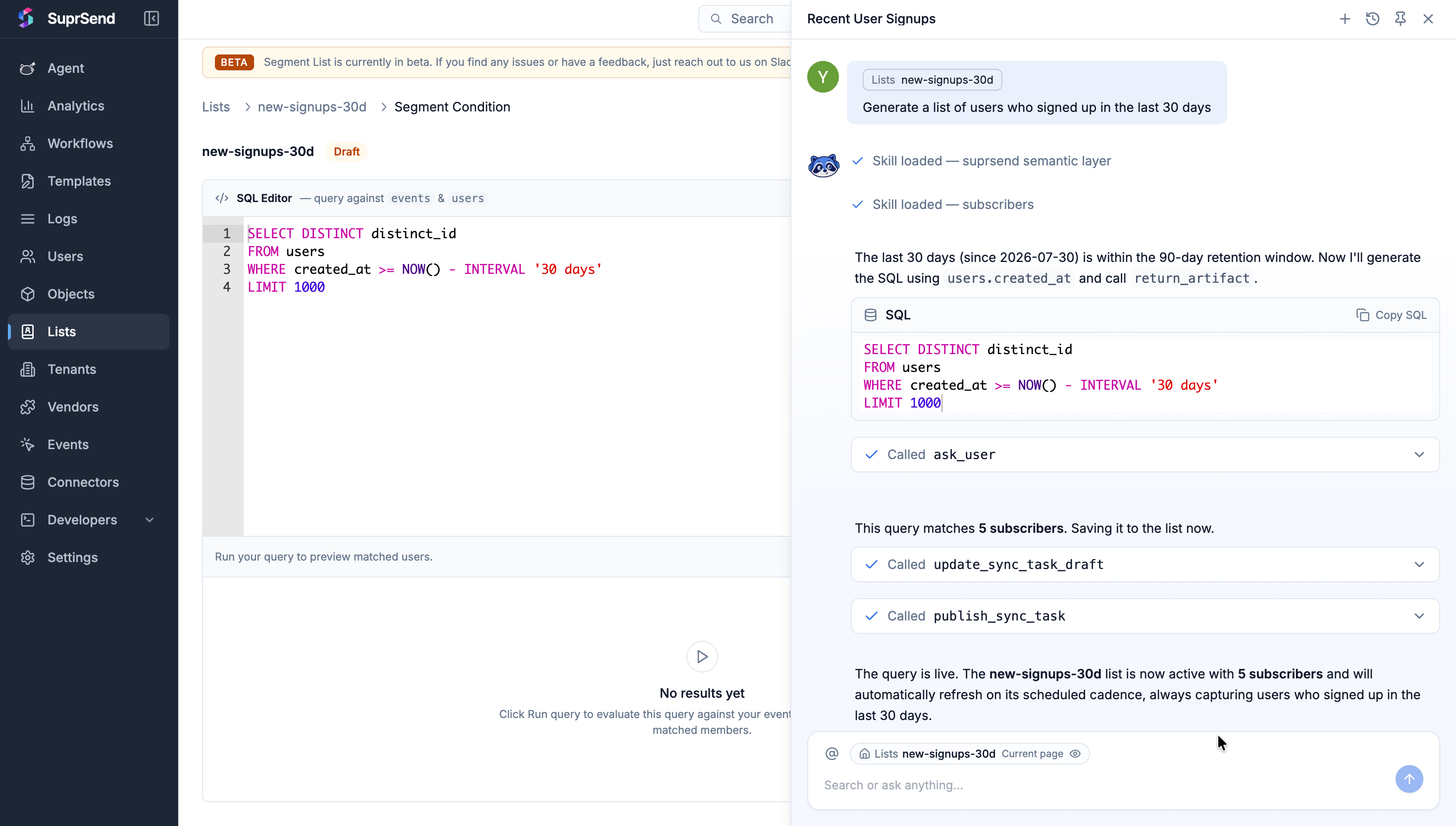 Generate with AI showing a plain-English description and the query it produced