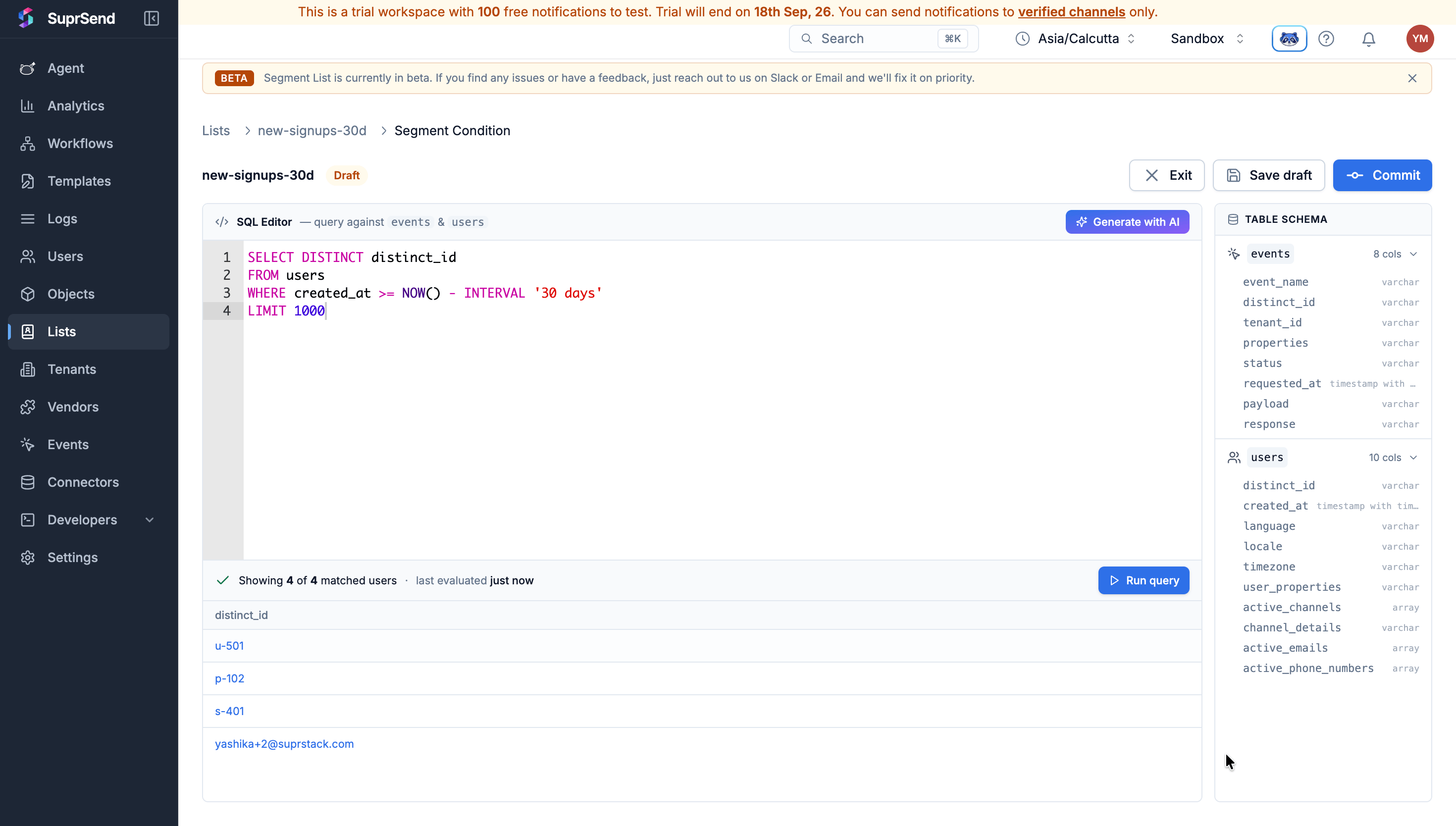 The query result showing the matched user count and sample rows