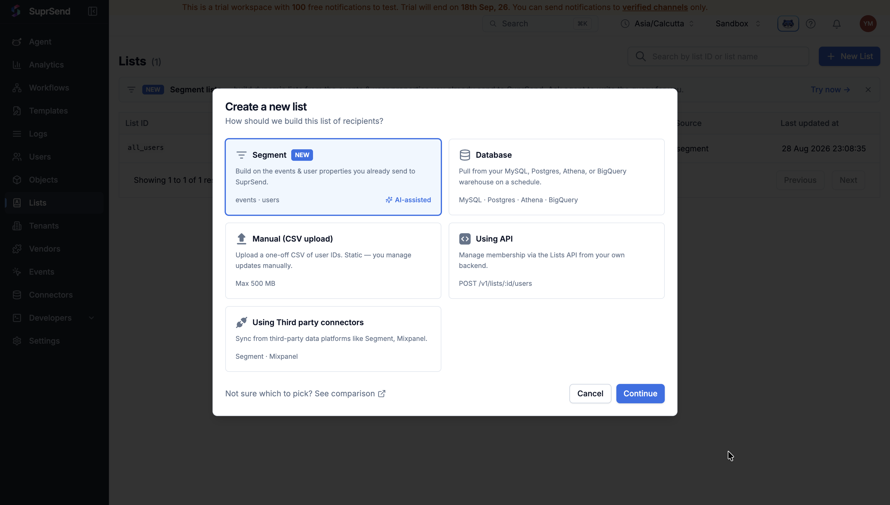 The Create a new list dialog showing Segment, Database, CSV upload, API and third-party connector options, with Segment selected