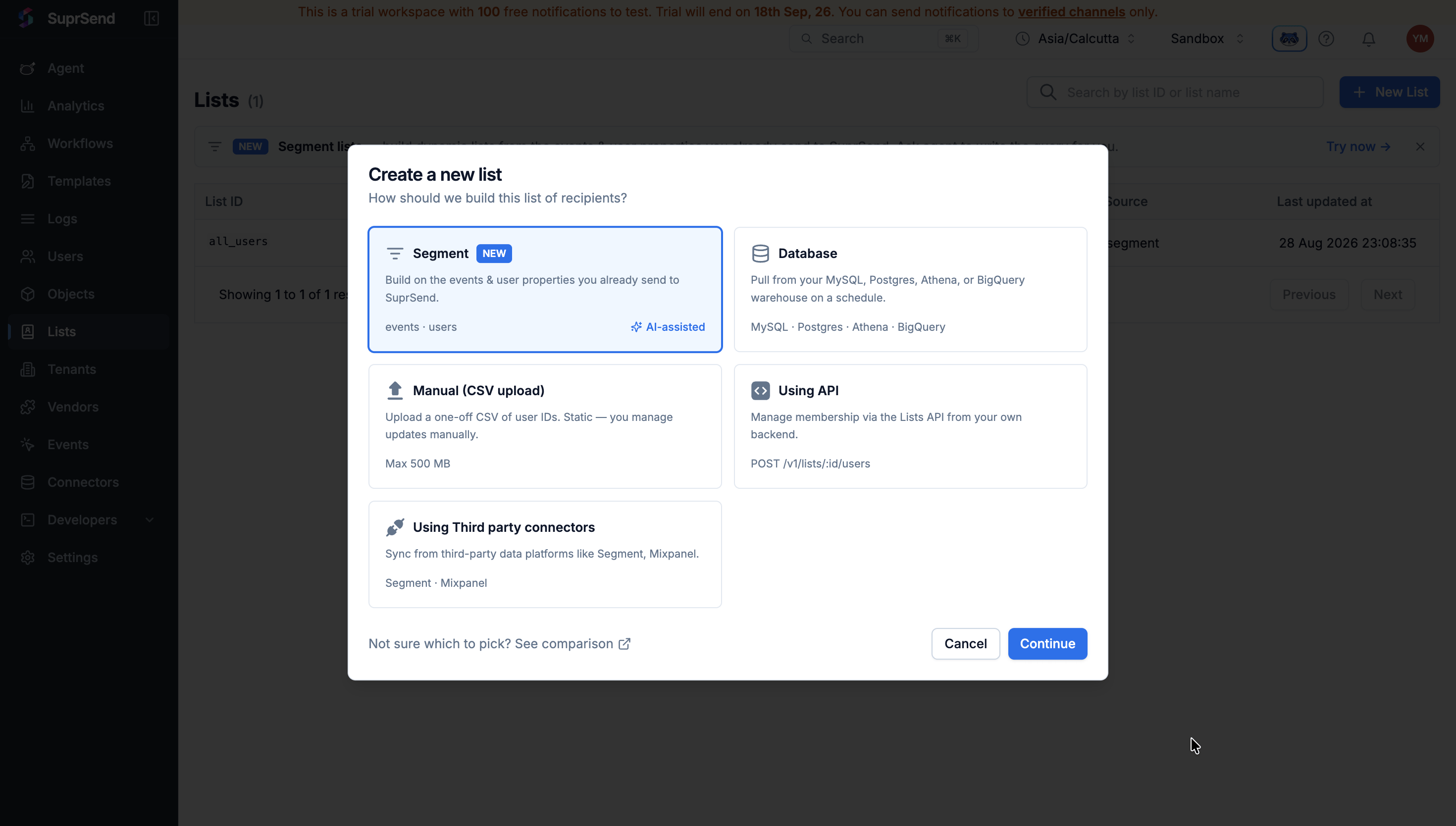 The Create a new list dialog showing Segment, Database, CSV upload, API and third-party connector options, with Segment selected