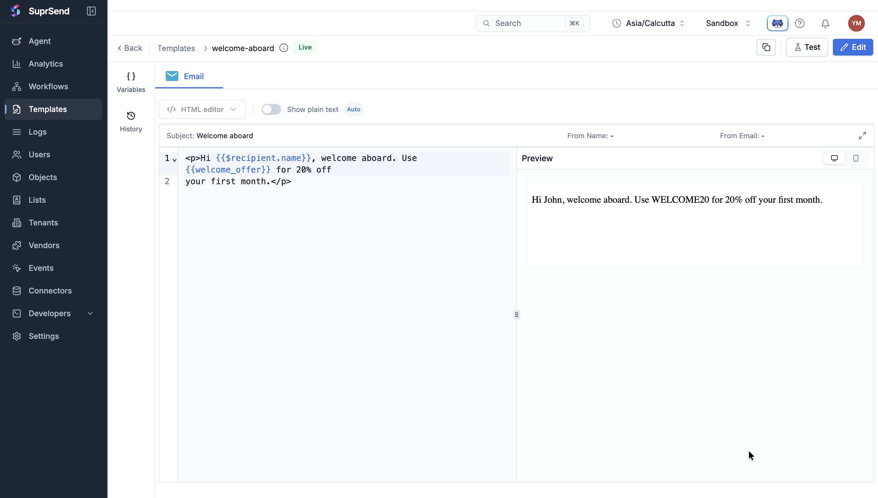 The template editor with the message content and the live preview rendering a real user's name