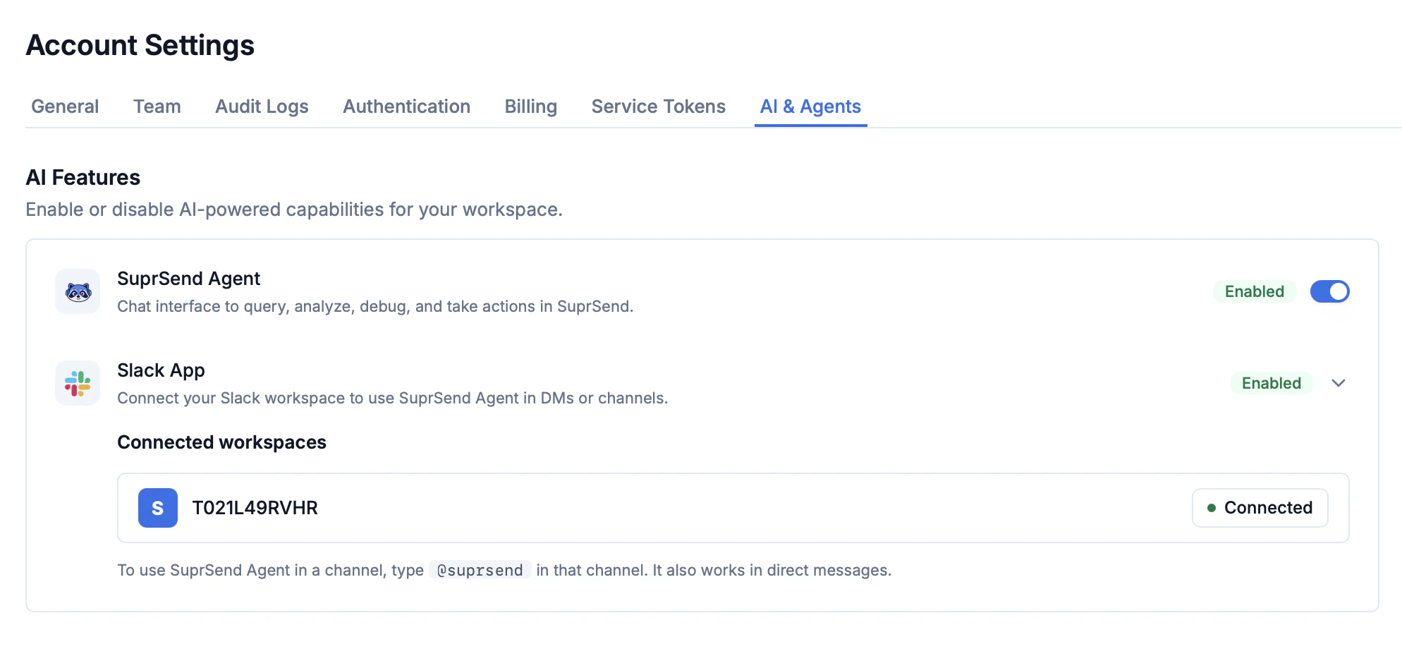 AI & Agents settings page with Slack App install