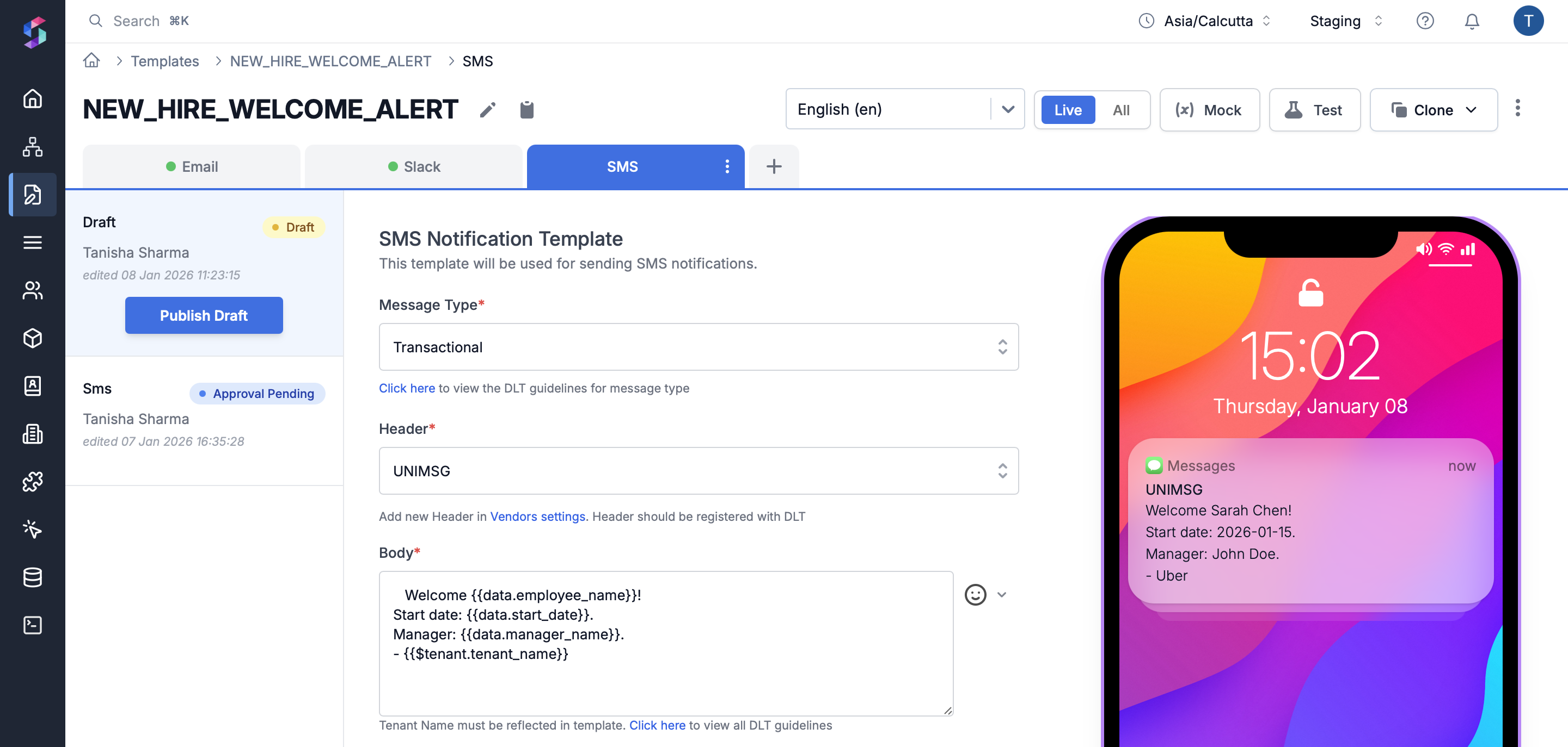 Template example: New Hire Welcome Alert - SMS