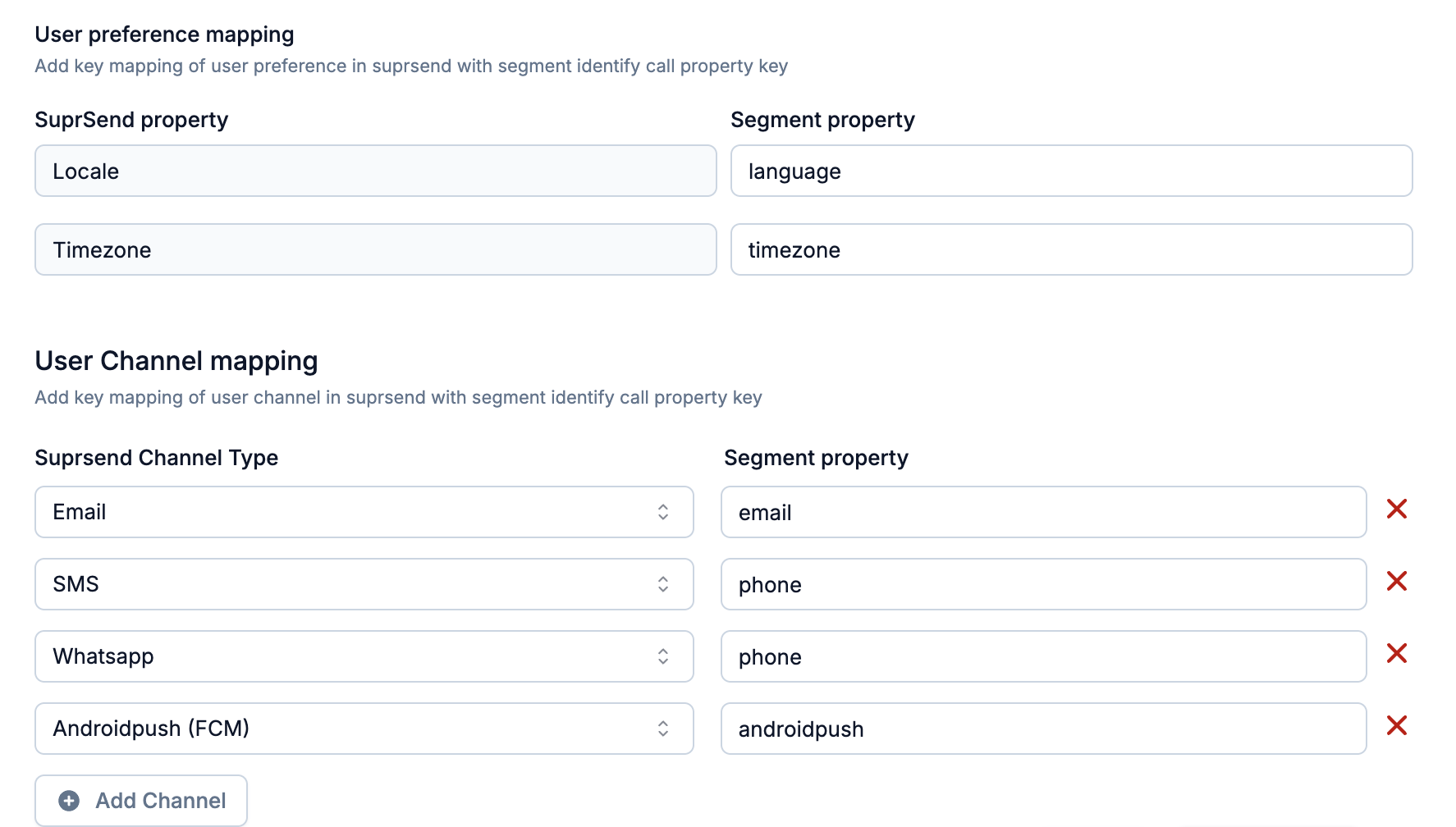 Reserved property and channel mapping in Segment connector settings