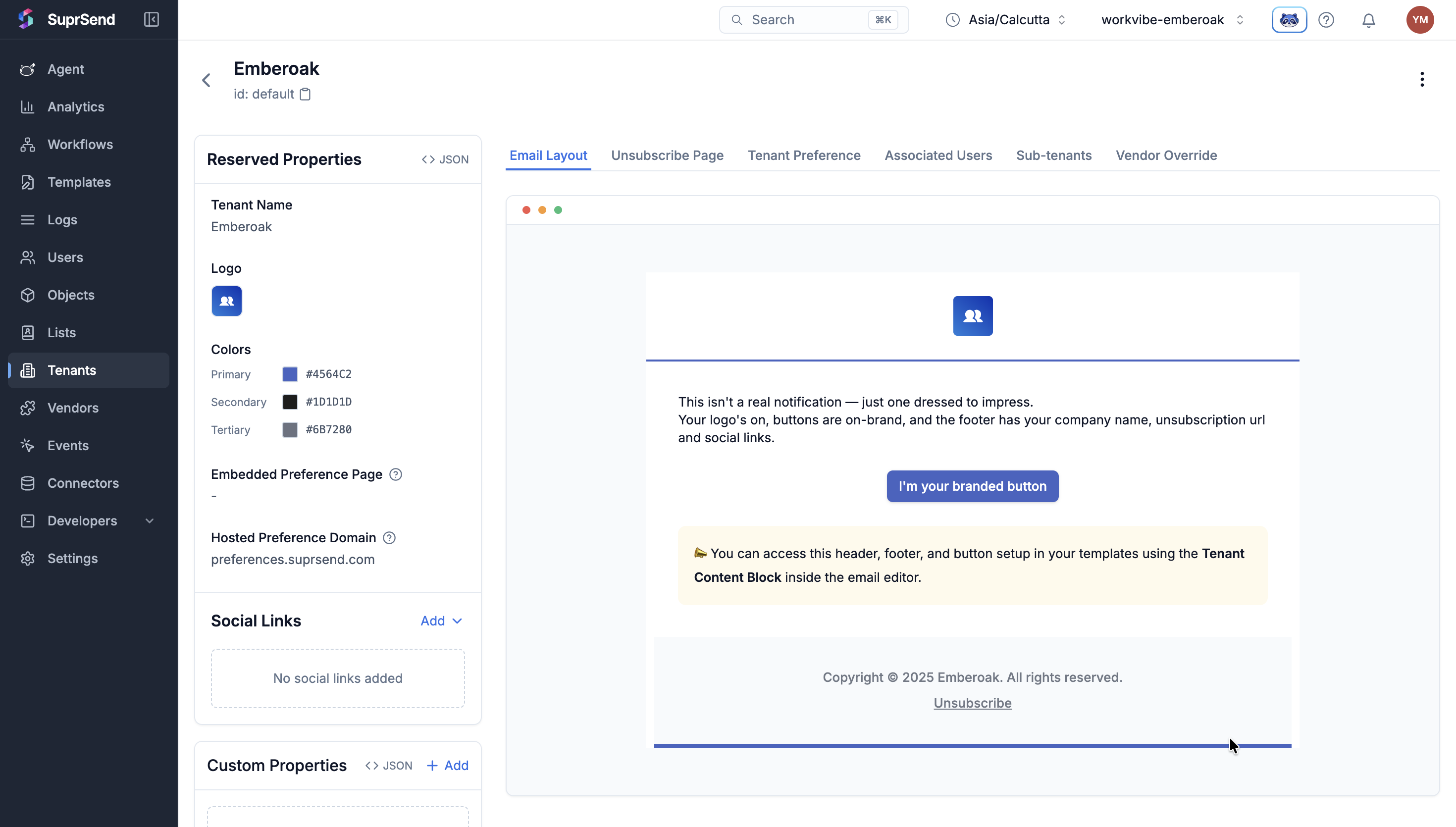 SuprSend dashboard Tenants page for the default tenant, showing tenant name, logo, brand colours and an email layout preview