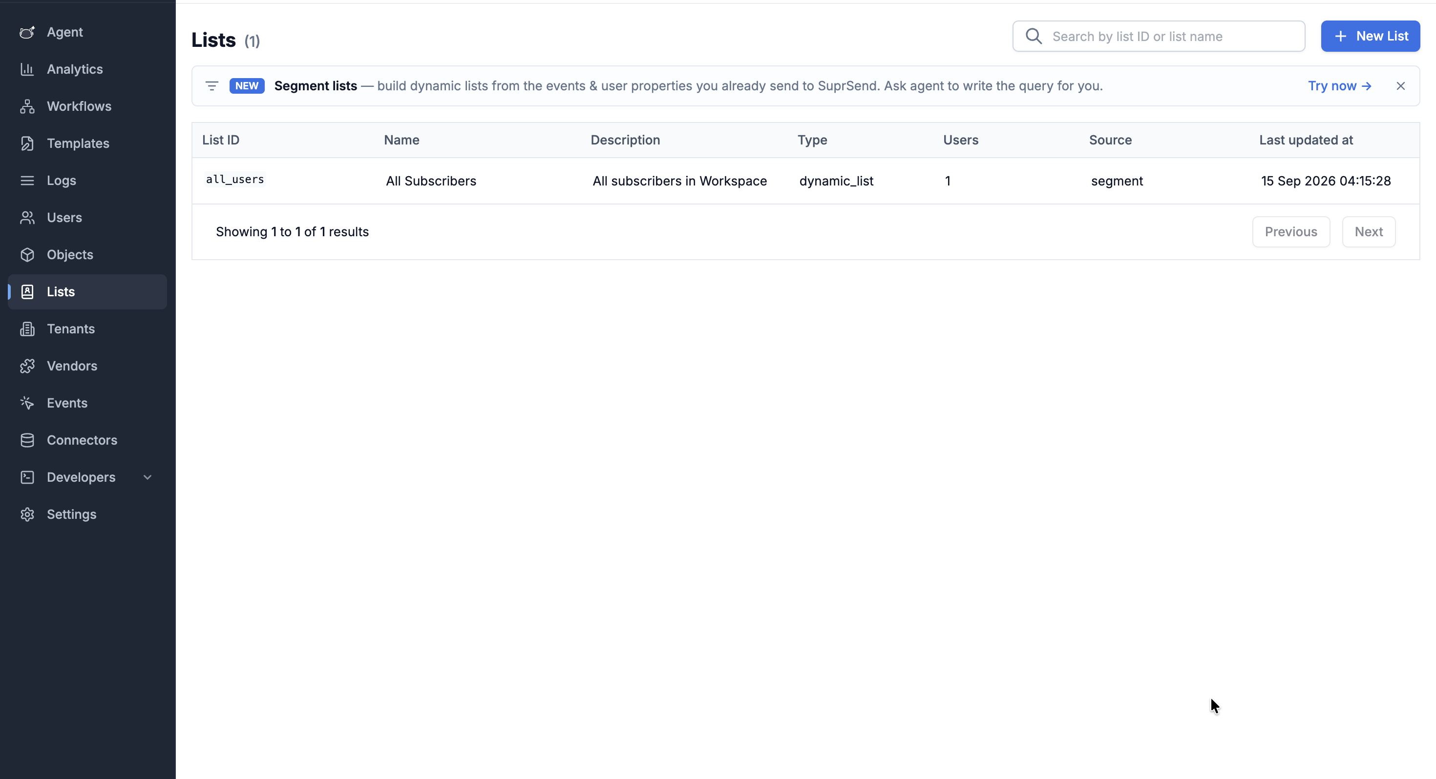 SuprSend dashboard Lists section showing a subscriber list with its type, user count and source