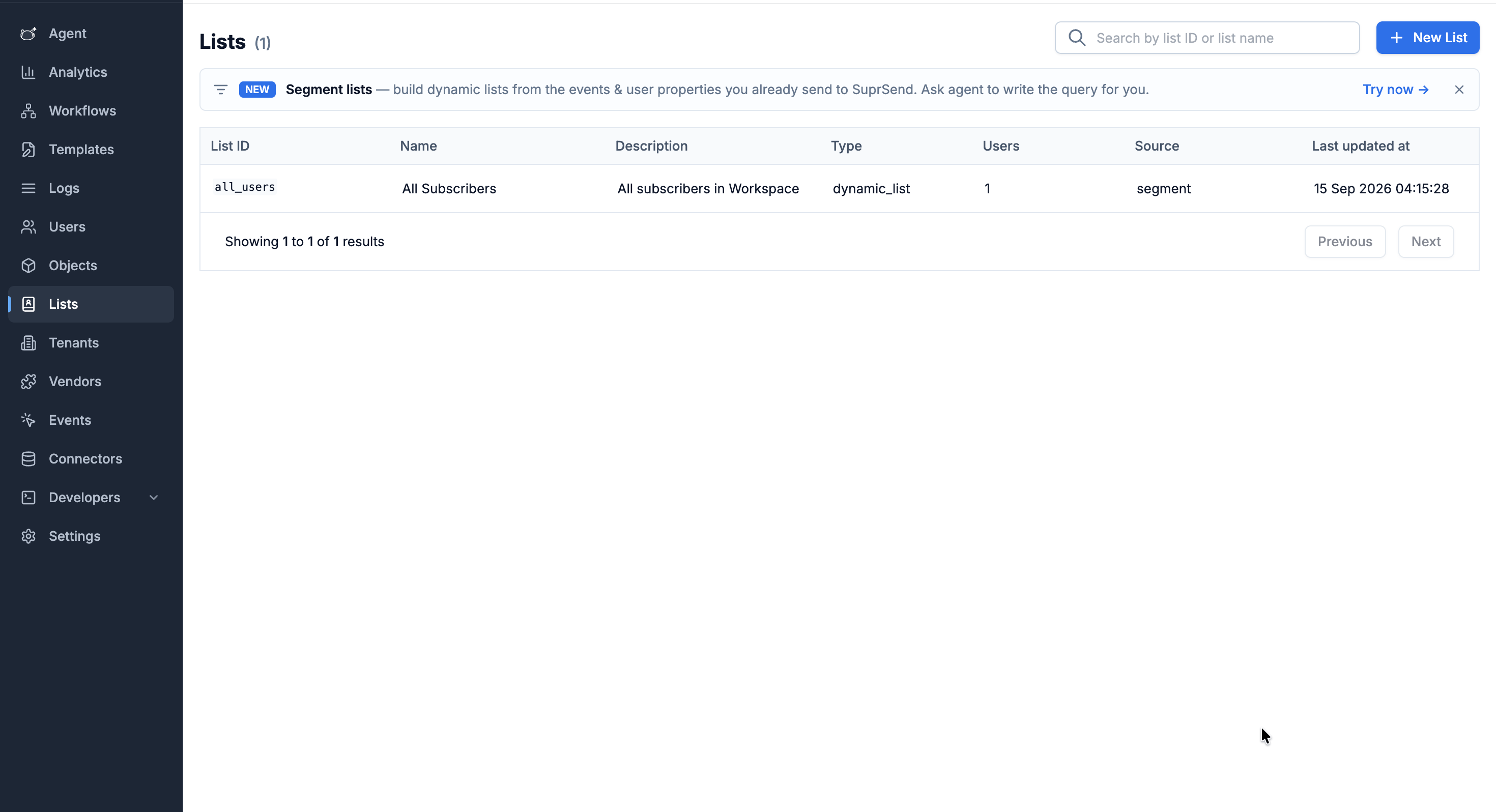 SuprSend dashboard Lists section showing a subscriber list with its type, user count and source