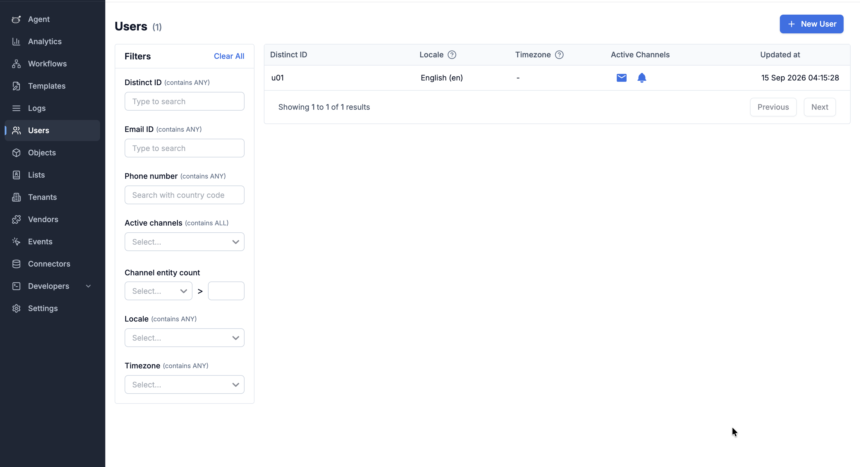 SuprSend dashboard Users section showing a user with distinct ID, locale and active channels