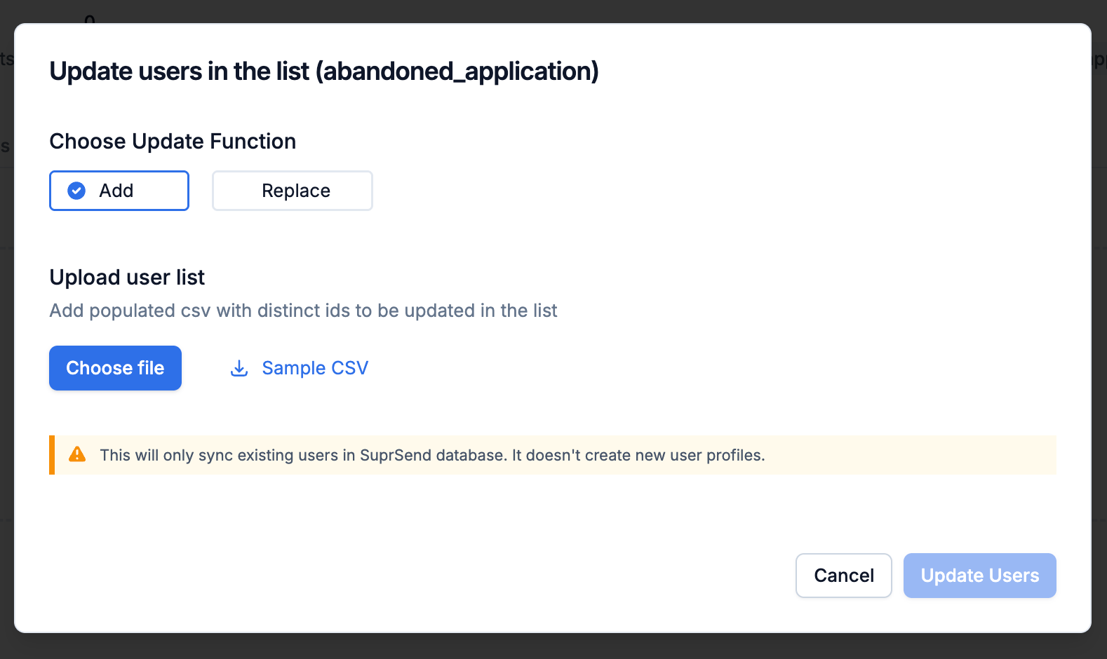 Update Users dialog with Add / Replace options and file picker