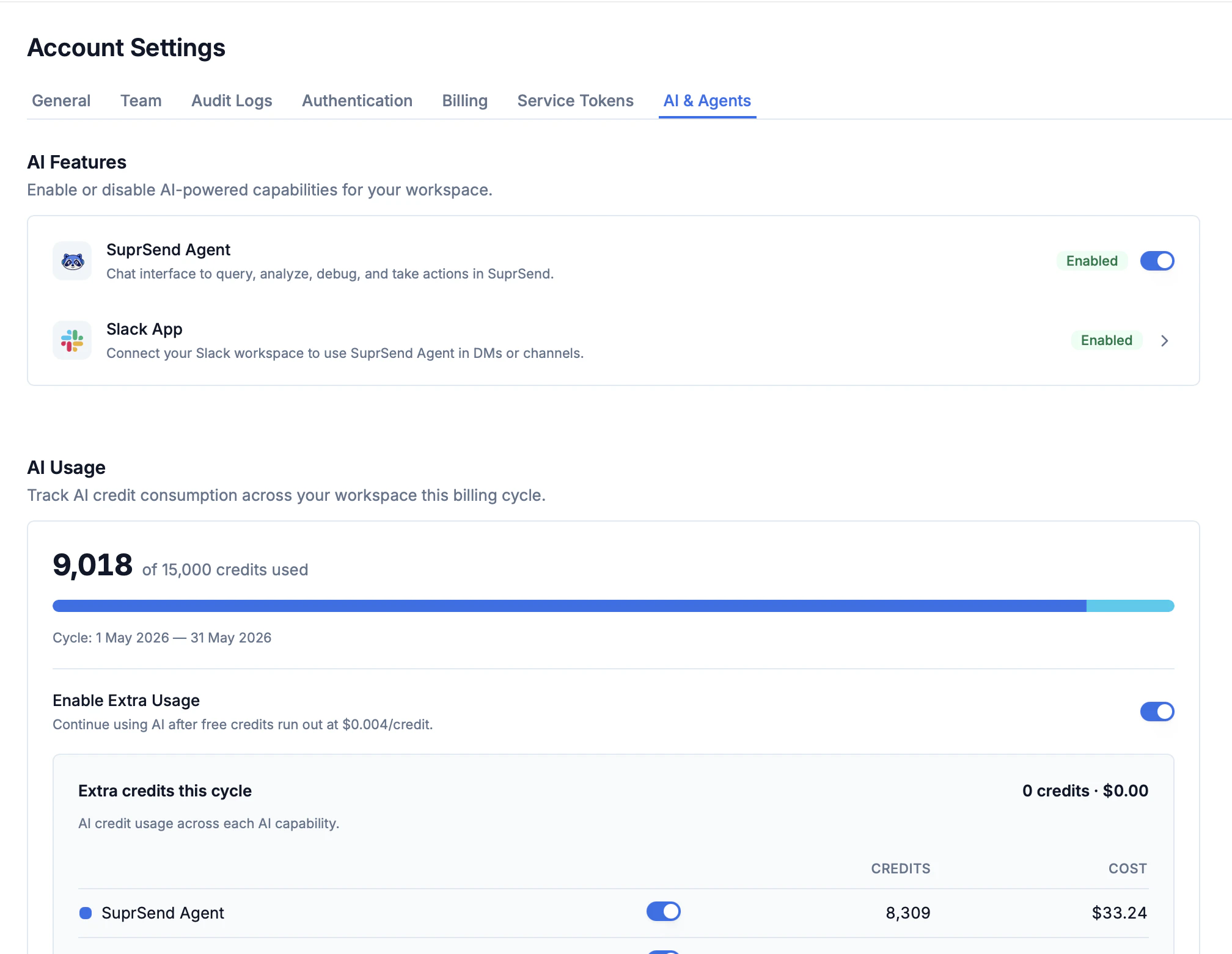 AI & Agents settings page