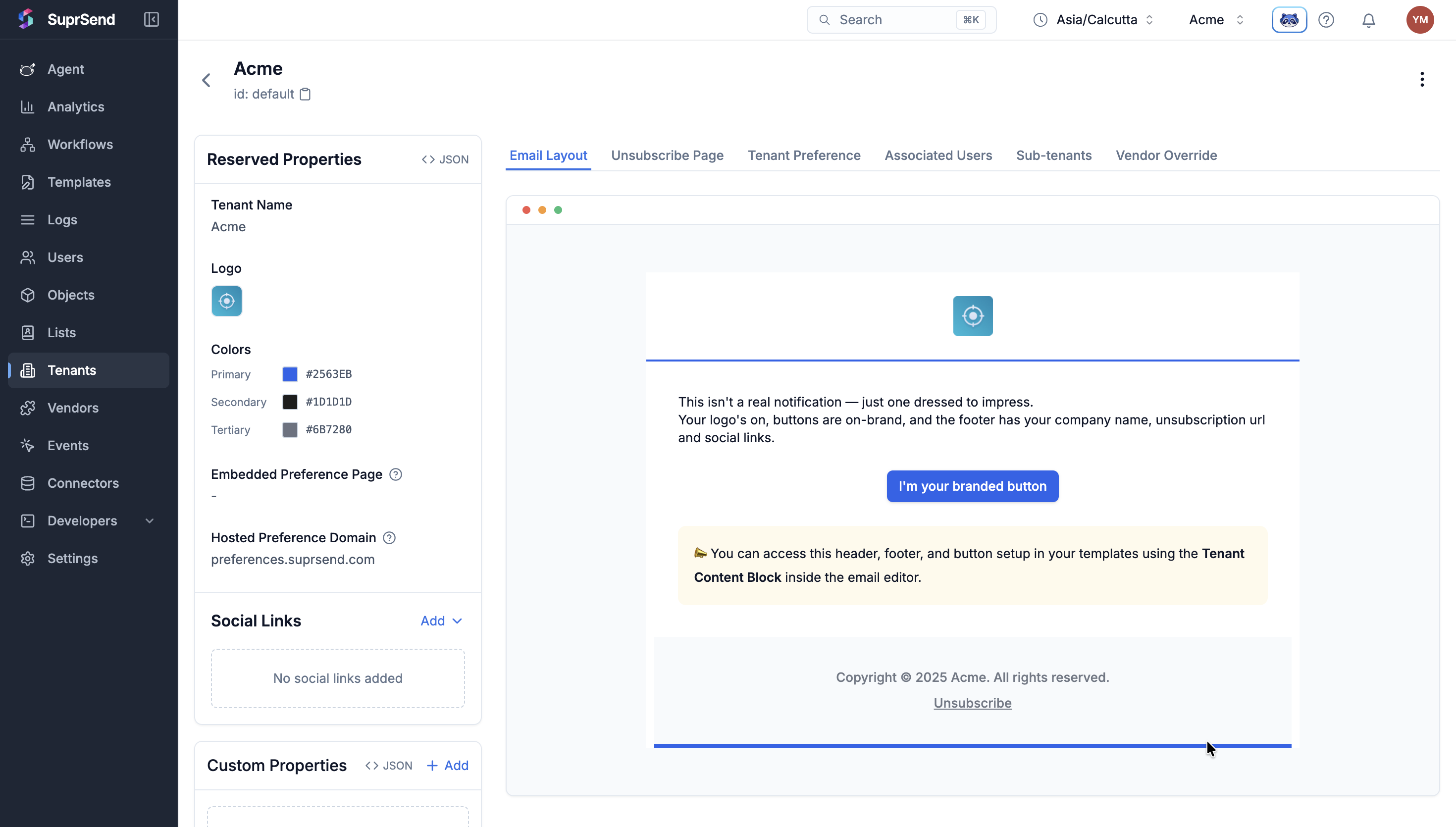 SuprSend dashboard tenant Acme with id default, showing its logo, colours and an email layout preview