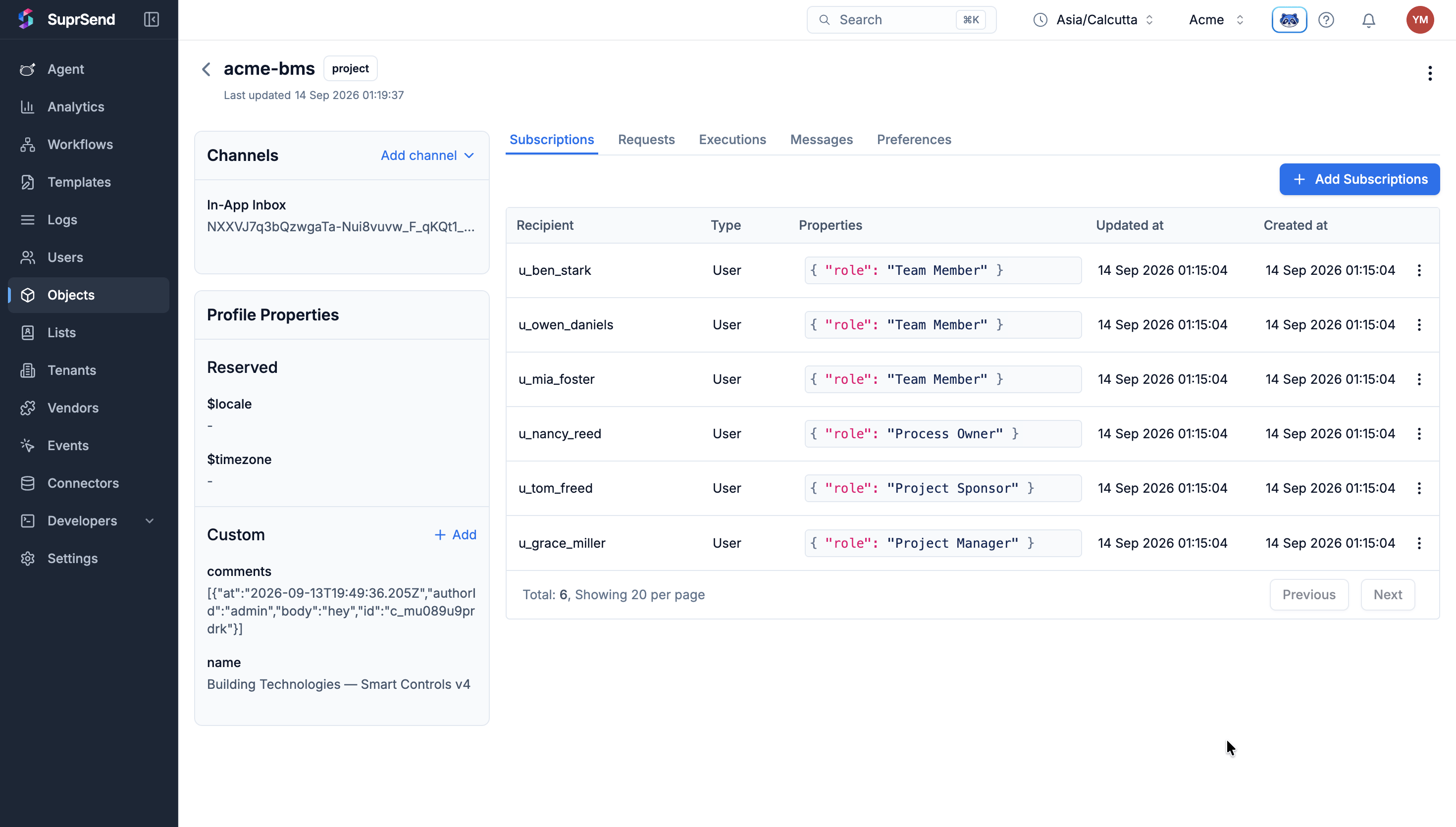 SuprSend dashboard object acme-bms of type project, listing six subscribed users each with a role property such as Team Member or Project Manager